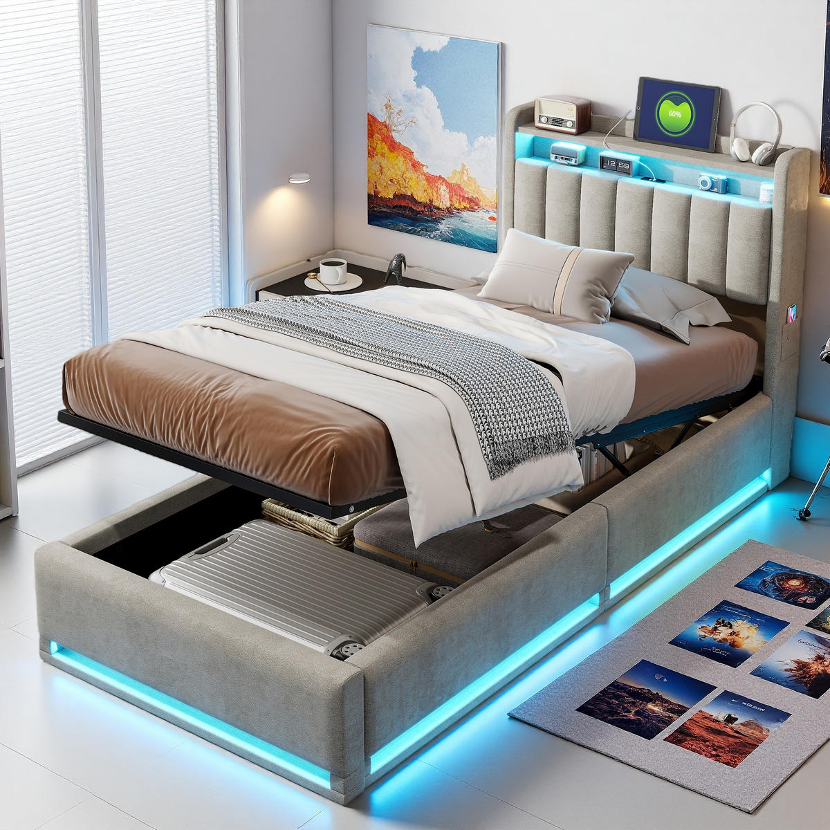 POLSTERBETT 90x200 cm LED Stauraum Lattenrost Kopfteil grau - Grau, Holz (90/200cm) - LEBENLANG