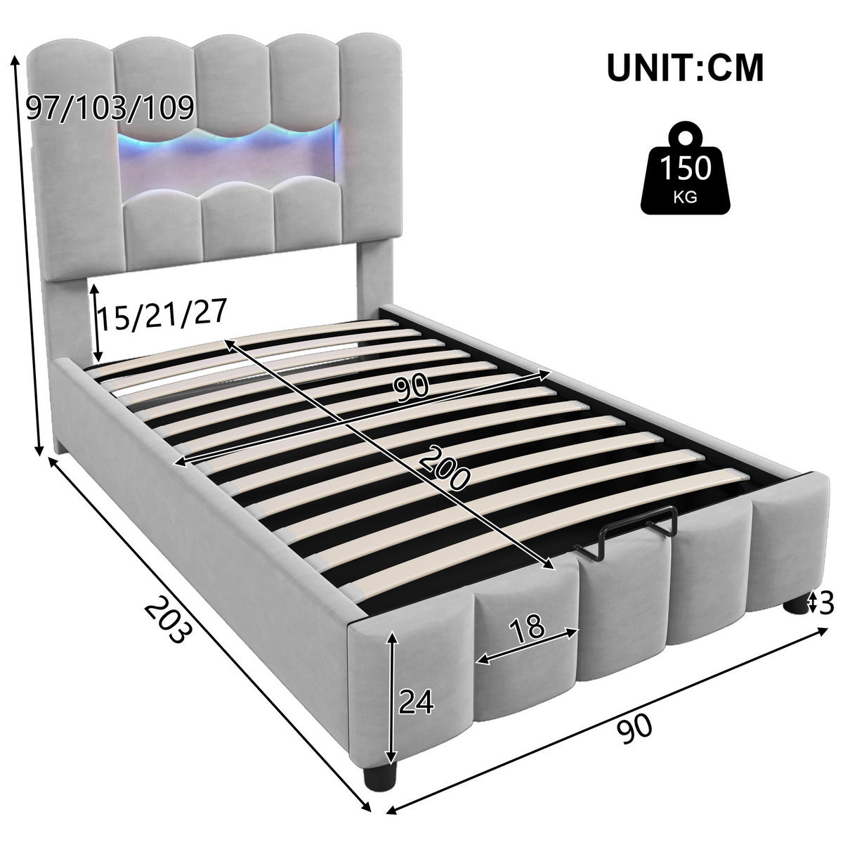 POLSTERBETT mit Stauraum und LED 90x200 cm Samt Grau - Grau, Metall (90/200cm) - Meubliv