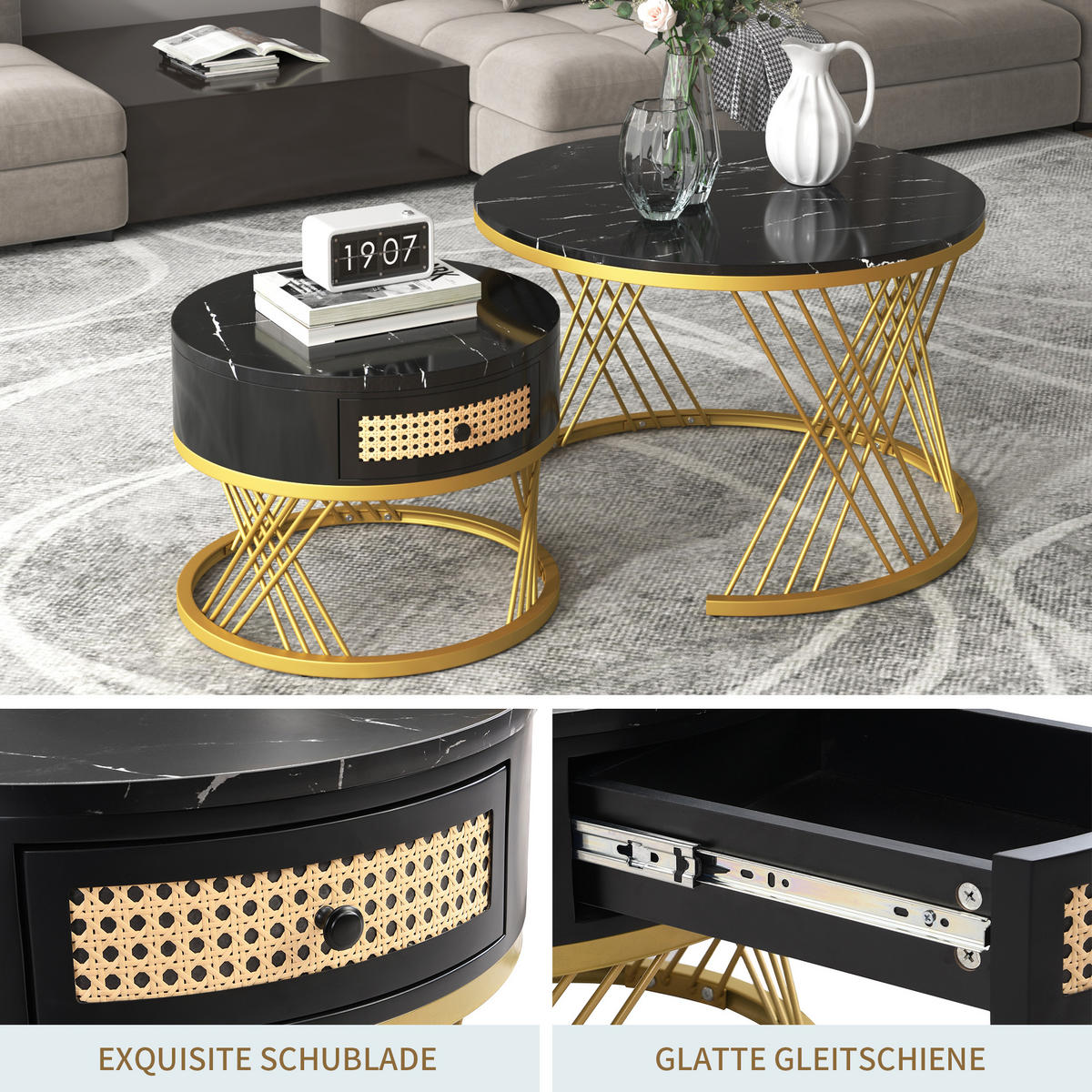 COUCHTISCH 2er Set Rattan Marmoroptik - Schwarz, Holz (70/70/45.5cm) - LEBENLANG