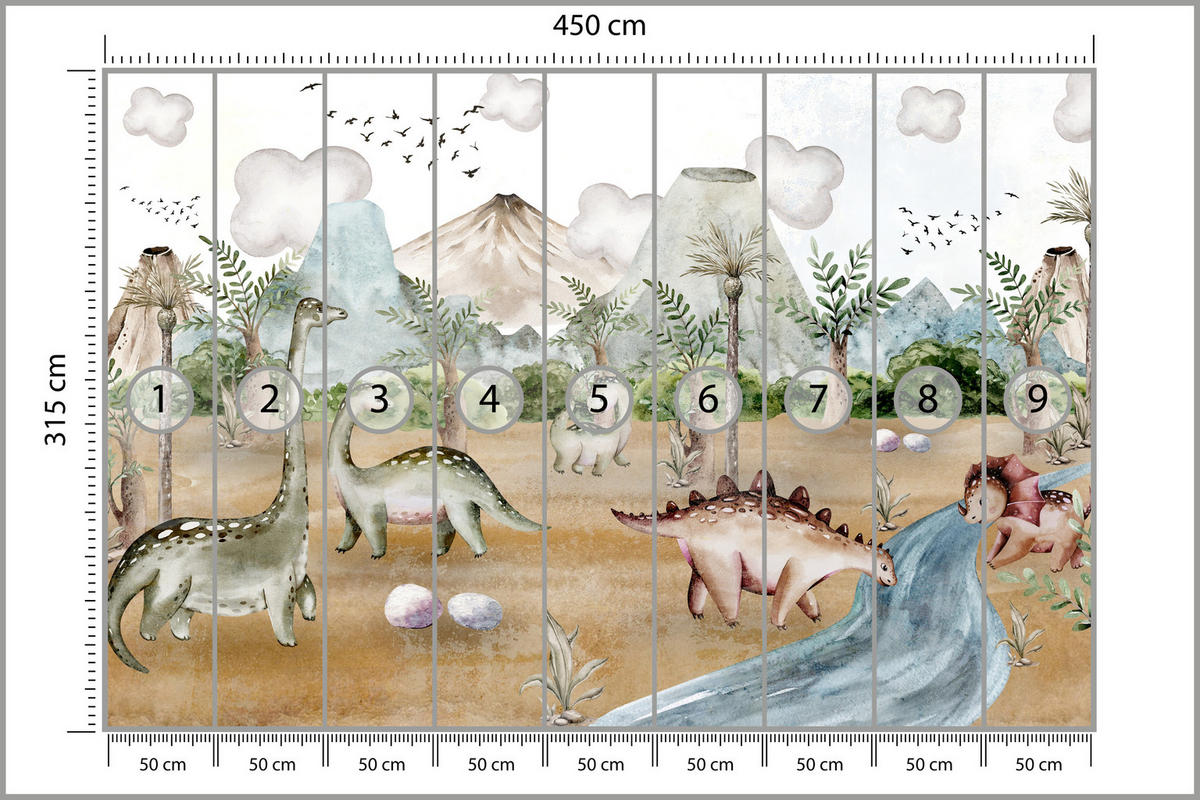 FOTOTAPETE für Kinderzimmer Dinosaurier Welt Vulkane Aquarell Tropische Bäume 450x315 - Blau/Beige, Papier (450/315cm) - Muralo