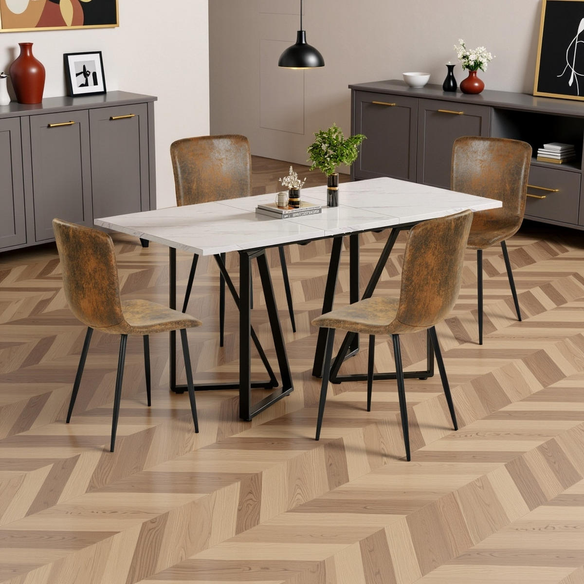 ESSTISCH SET Marmoroptik Weiß mit 4 Stühlen Wildlederoptik Braun - Braun, Holzwerkstoff (160/74/73cm) - Urban Meuble