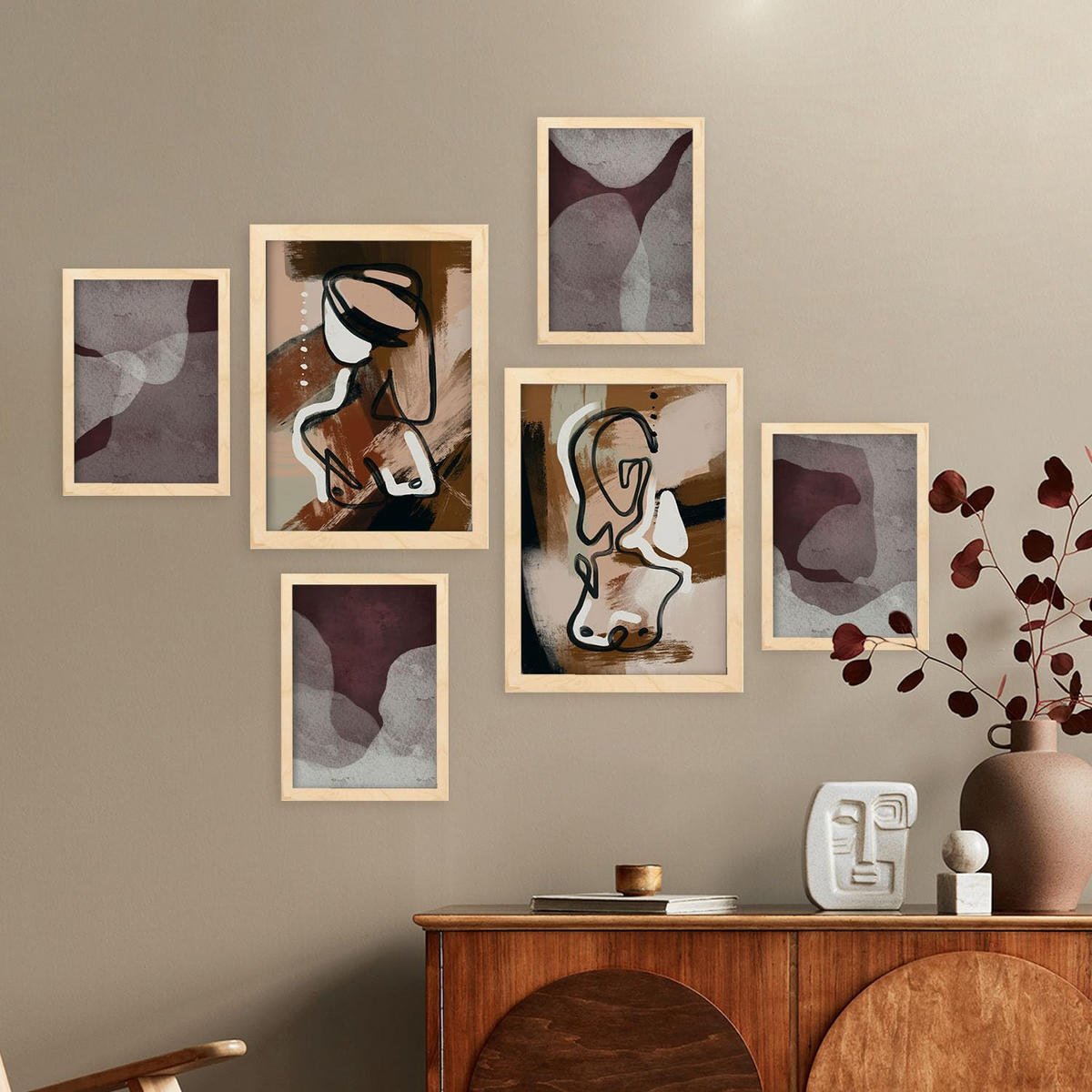 POSTER Set Mit 6 Nachkommenskunst In Weibliche Zusammenfassung Ästhetische Dekorative Gemälde Für Ihr Zuhause A3 & A4 Rahmen Aus Hellem Holz - Beige, Papier (29/3cm) - Nacnic