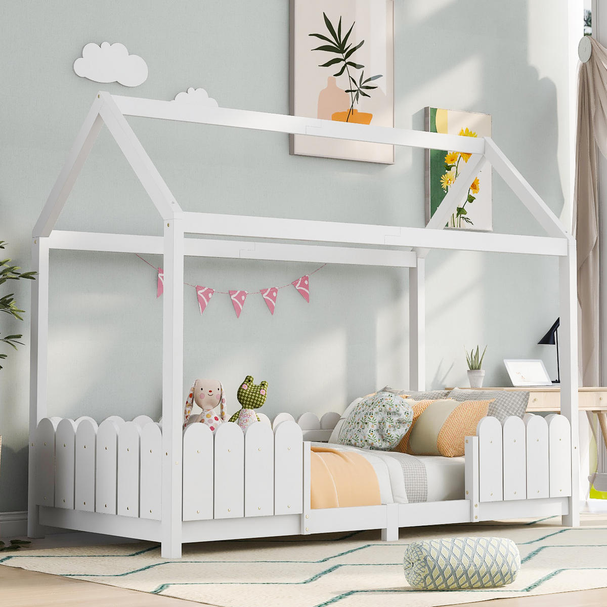 HAUSBETT 90/200 cm in Weiß Kinderbett mit Rausfallschutz und Lattenrost im Hausdesign - Weiß, Holzwerkstoff (90/200cm) - STILVORA