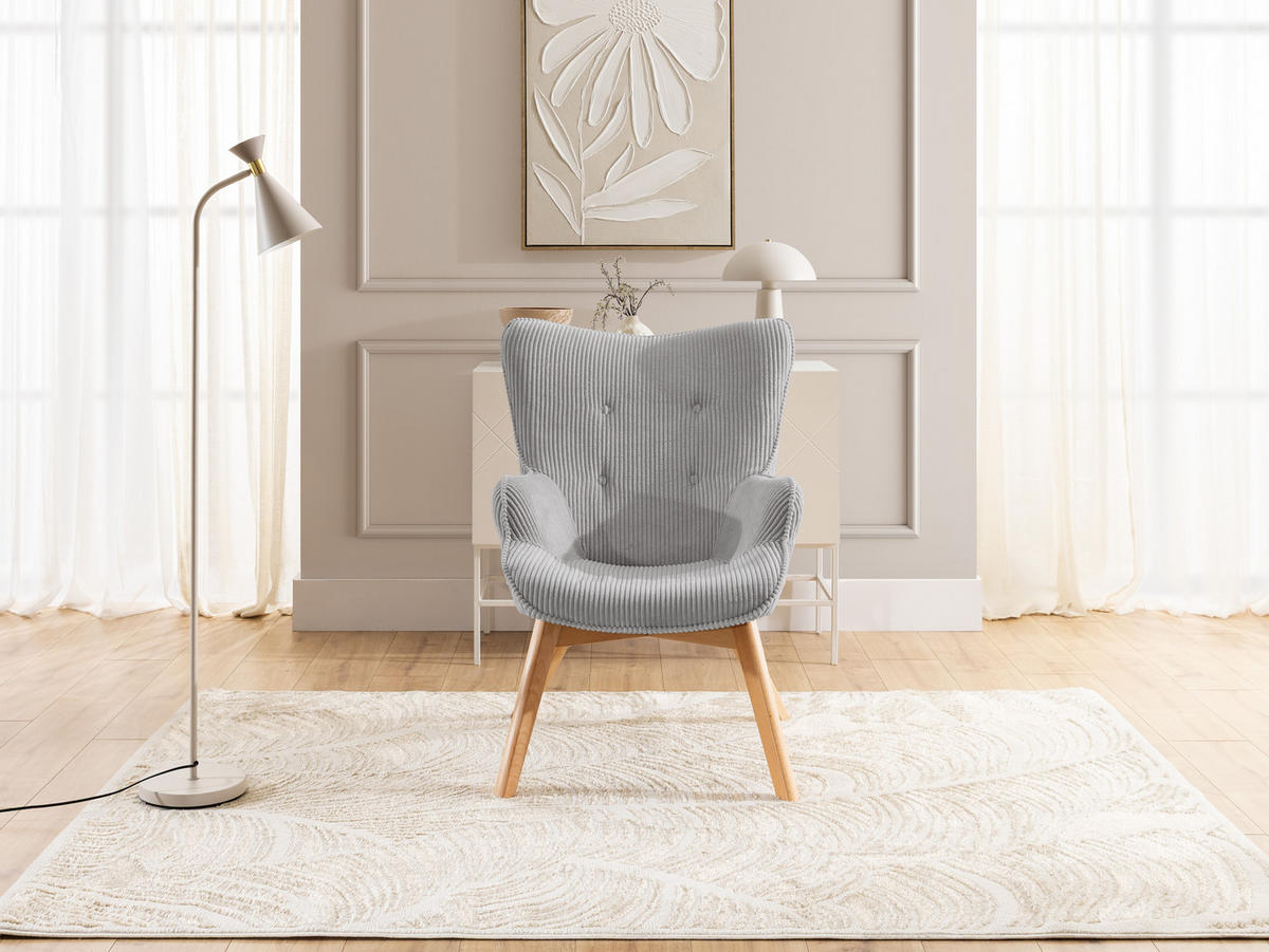 LOUNGESESSEL Lenari Hellgrau Cordstoff mit Füßen in Natur - Hellgrau/Naturfarben, Holz/Textil (71/96/86cm) - S-Style Möbel