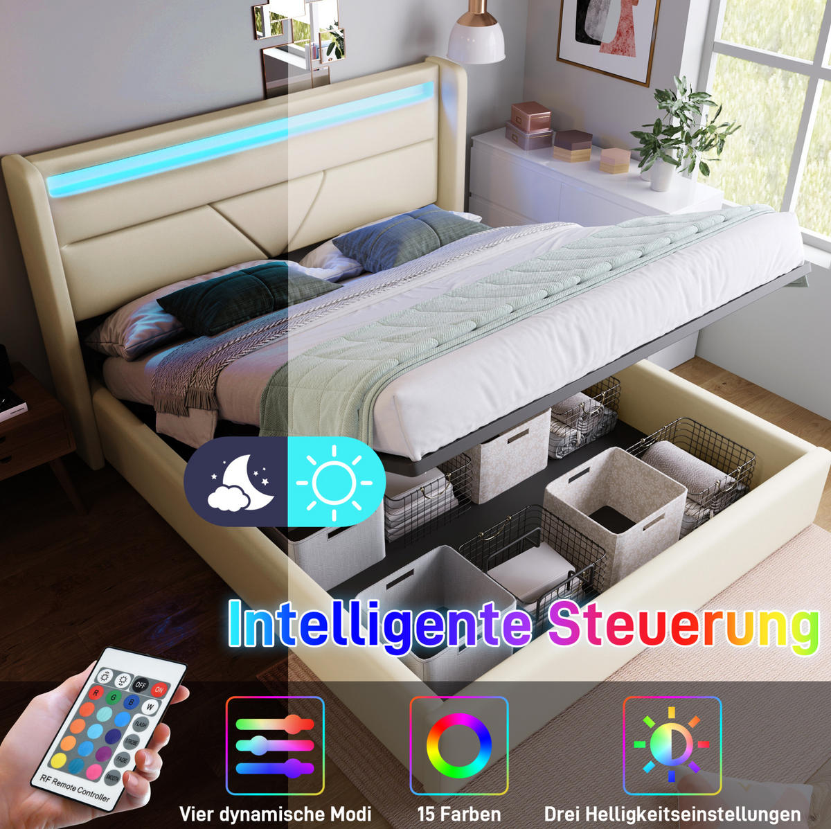 POLSTERBETT 160/200 cm Weiß aus PU mit LED-Beleuchtung und Bettkasten - Weiß, Kunststoff (160/200cm) - OKMYHOME