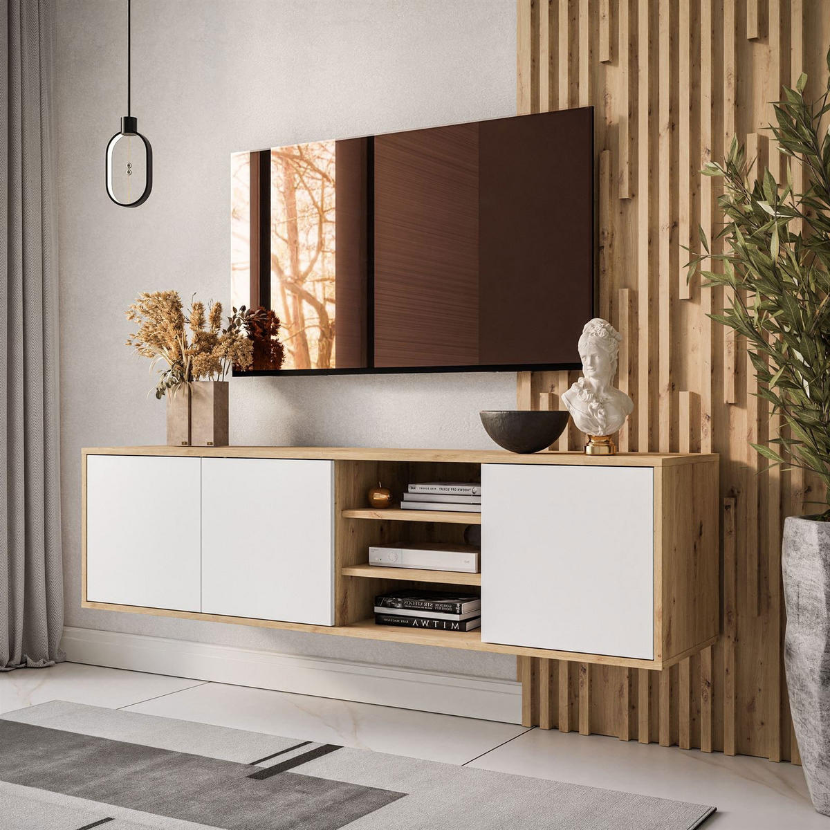 TV-ELEMENT SANAYI Hängend mit Regalen Eiche Artisan/Weiß - Weiß, Holzwerkstoff (156/41/38cm) - Lookway