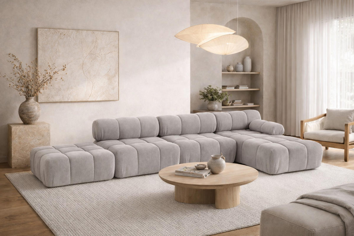 ECKSOFA L-Form XL, Stoff Velours Salvador, Grau, Rechts, Selia L XL - Grau, Holz (380/160cm) - Kaiser Möbel
