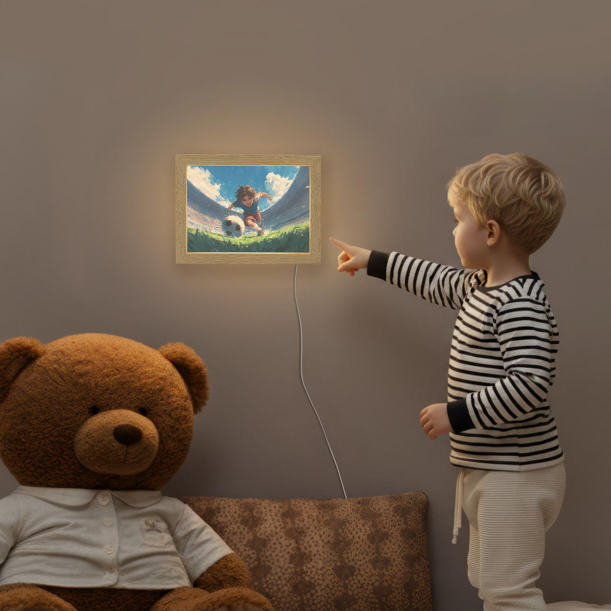 NACHTTISCHLAMPE Stadion - Fußballer - Ball 20x15 cm - Blau, Holzwerkstoff (8/20/15cm)