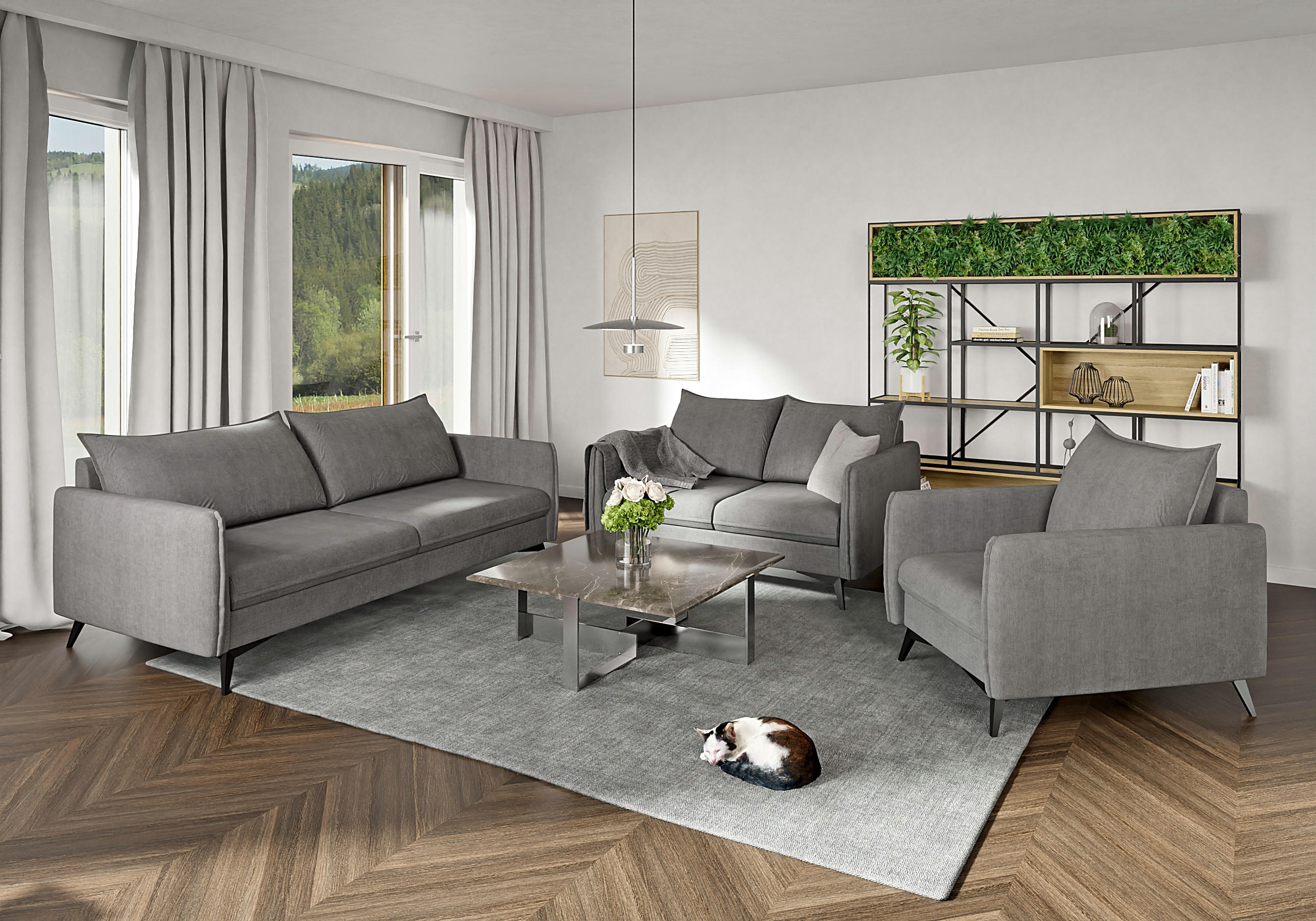 Thumbnail - S-Style Möbel Sitzgarnitur, Grau, Textil, Echtholz,Buche, Birke, 6-Sitzer, Füllung: Polyetherschaumkern, 199x86x91 cm, B...
