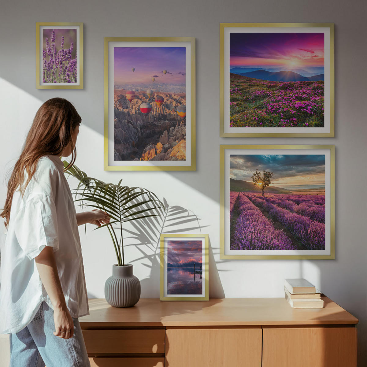 BILDER SET 5er Set - 50x50 cm & 20x30 cm & 40x60 cm Goldrahmen - Sonnenuntergang auf Lavendelfeldern - Goldfarben, Kunststoff (40/60cm) - TULUP