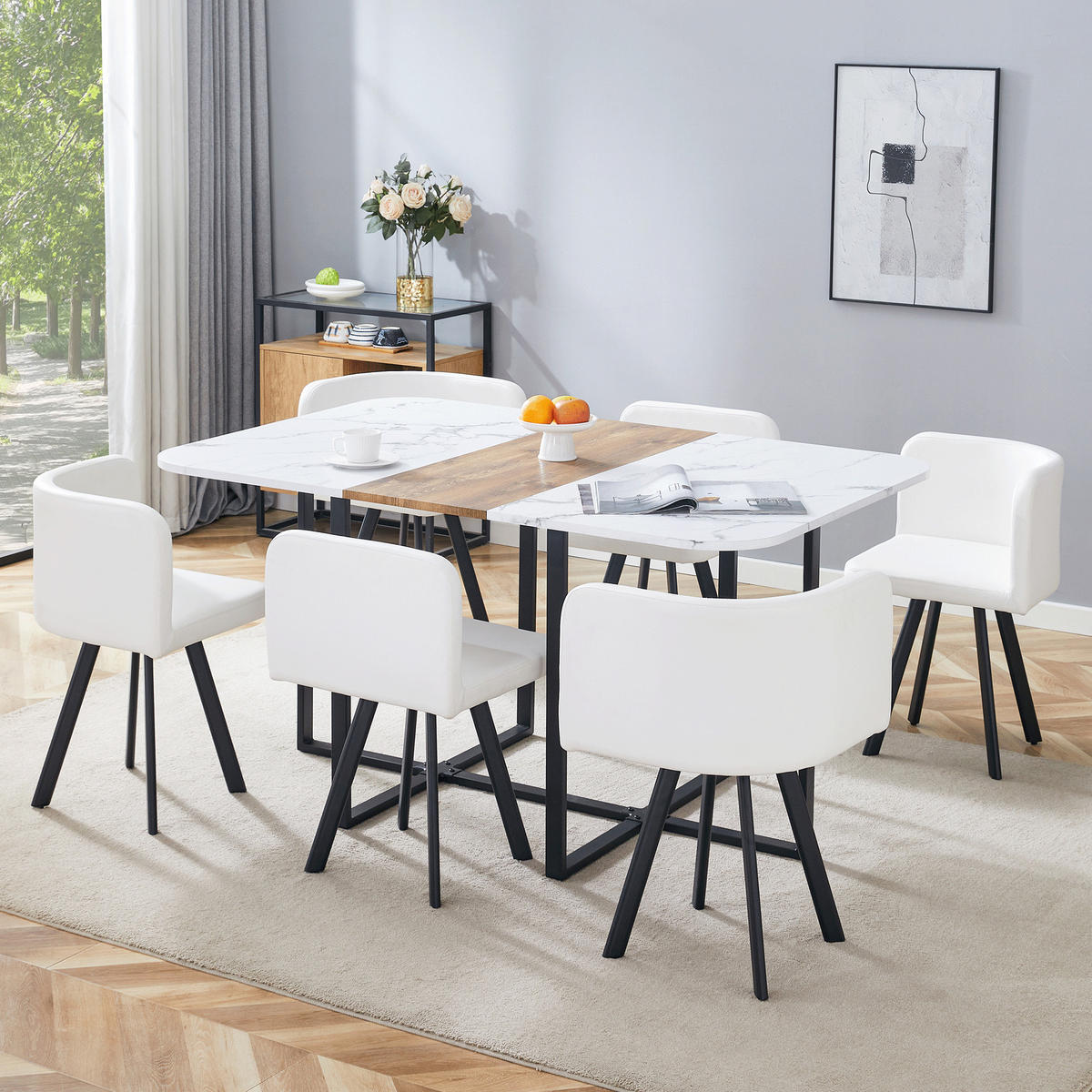 ESSGRUPPE DE-39498 ausziehbar, mit 4 Stühlen und Metallrahmen Weiß/Schwarz - Weiß, Holzwerkstoff (150/79/100cm) - ComfortXL