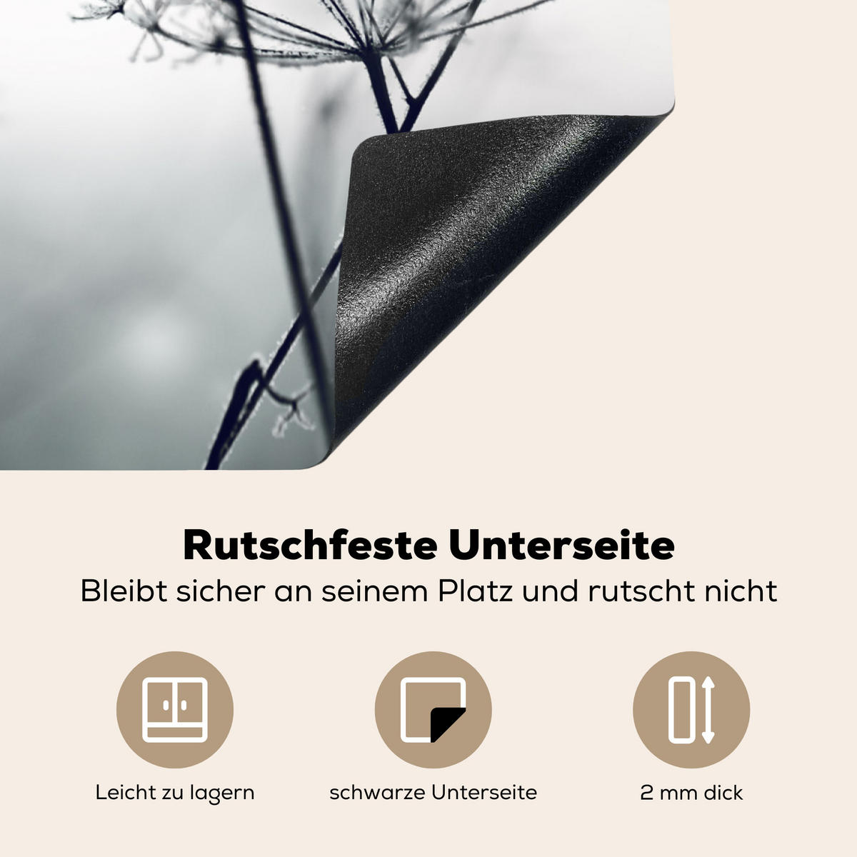 HERDABDECKPLATTE Blumen - Winter - Schnee - Natur Induktionsmatte 71x52 cm - Grau, Kunststoff (71/52/0.2cm) - MuchoWow