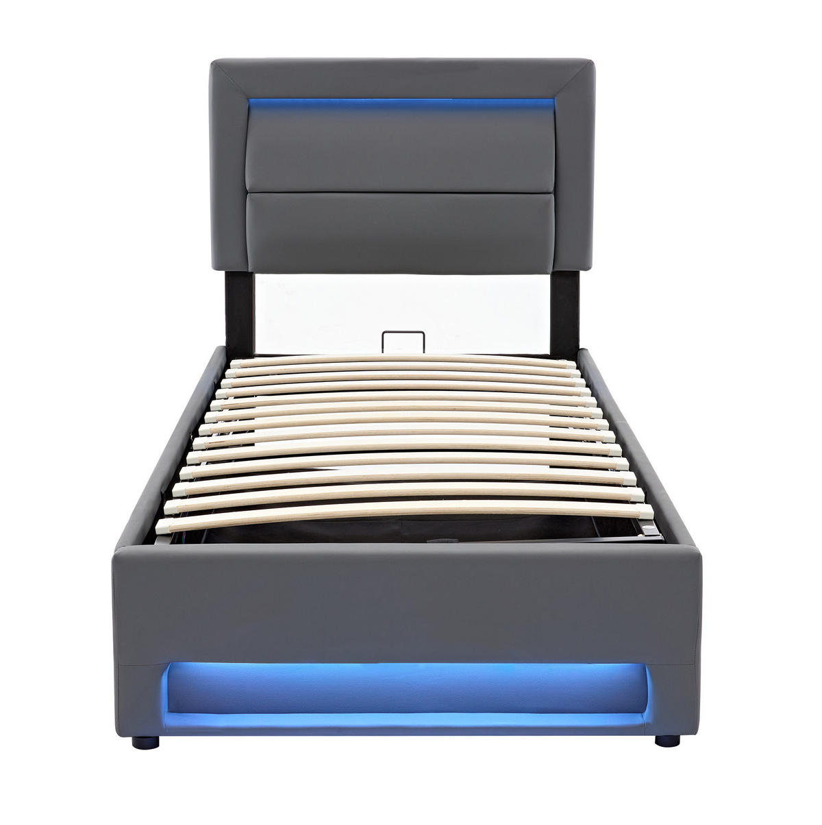POLSTERBETT 90/190 cm mit USB-Anschluss, LED-Beleuchtung und Stauraum, PU-Bezug, Grau - Grau, Kunststoff (90/190cm) - Redom