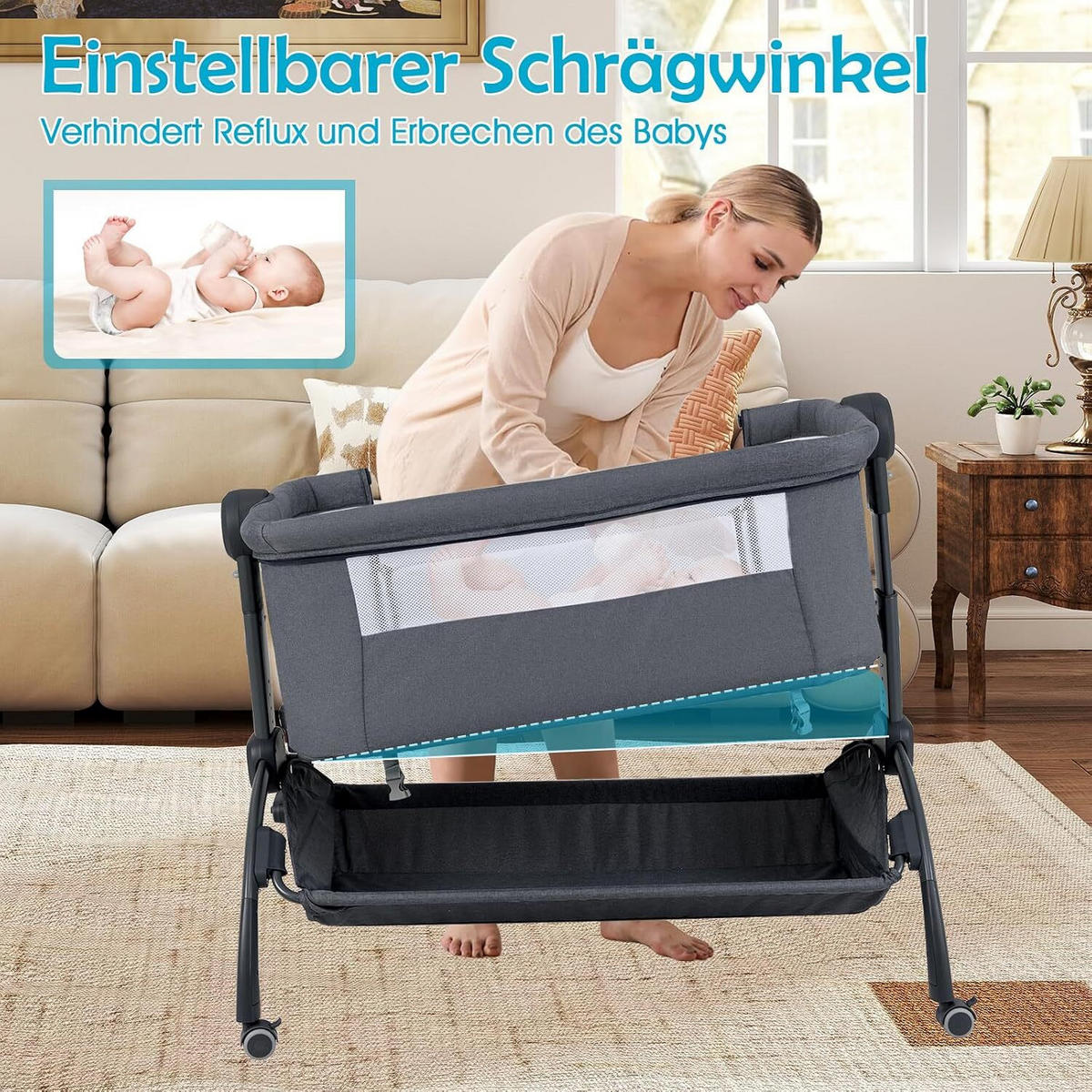 BABYWIEGE mit Matratze grau - Grau, Textil - COSTWAY