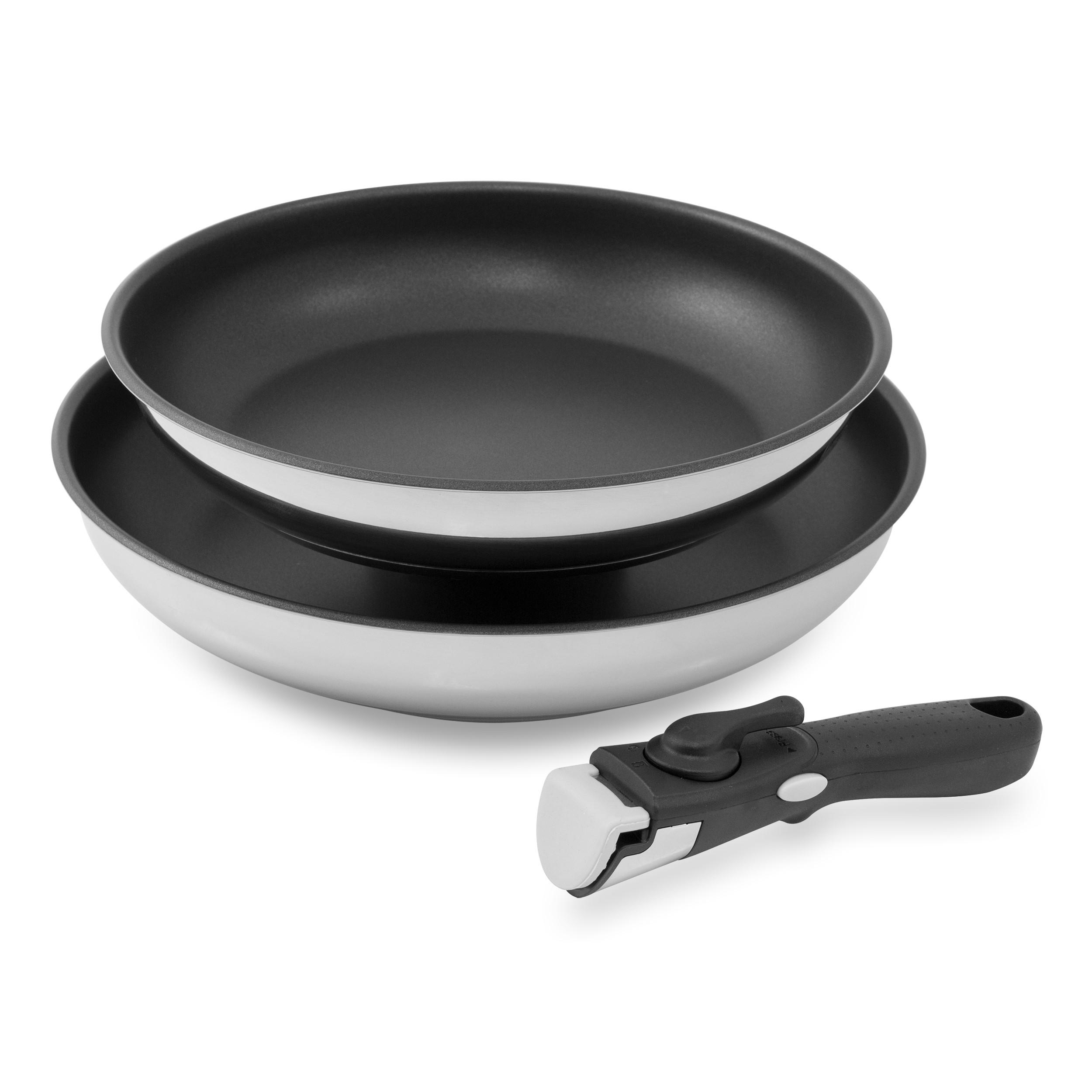 PFANNENSET Pro Click, Edelstahl, Induktion, Antihaftbeschichtung, abnehmbarer Griff, 3-teilig - Silberfarben, Kunststoff/Metall - KOPF