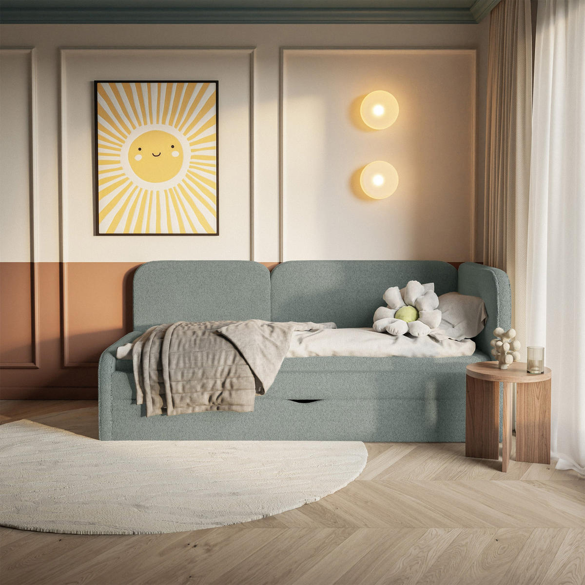 ČALOUNĚNÁ postel Cuddy, čelo vpravo, plyšová látka šalvějová, 90x200 cm - černá/světle zelená, textil/plast (90/200cm) - Selsey