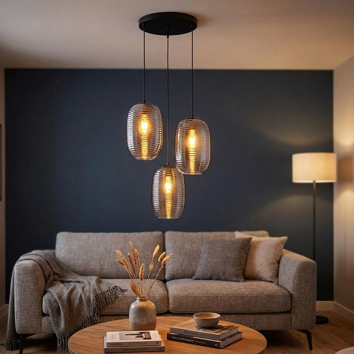 LED HÄNGELEUCHTE JEFREY Metall, Grau, Glas, 3-flammig - Grau, Glas (47/47/120cm) - Globo Lighting