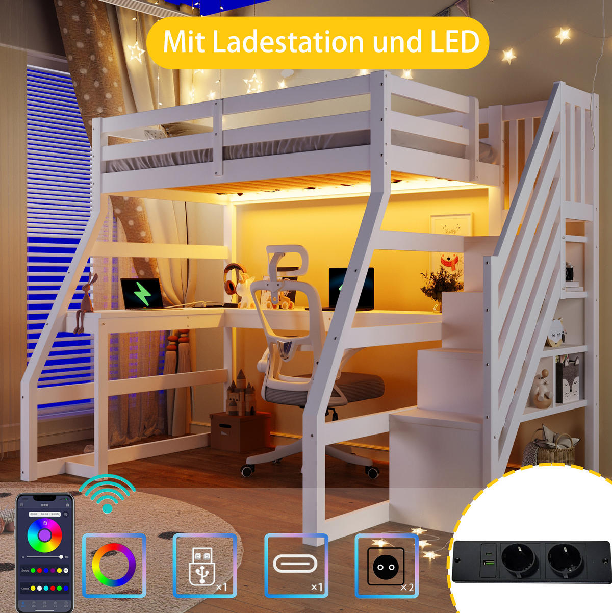 HOCHBETT 90/200 cm, Weiß mit L-förmigem Schreibtisch, LED und Stauraumtreppe - Weiß, Holz (90/200cm) - MIVRAY
