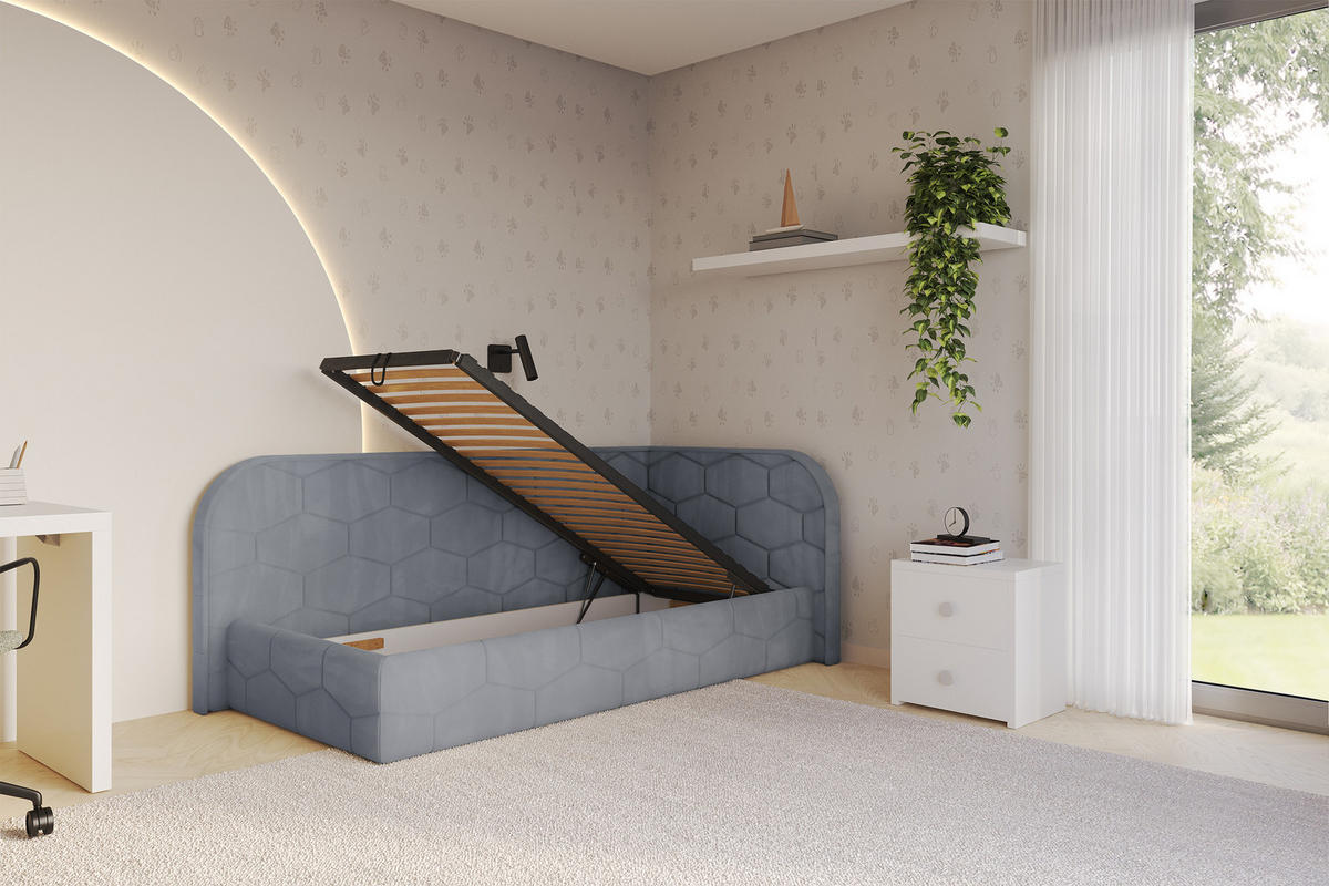 EINZELLBETT Jugendbett mit Bettkasten und Matratze H3/H4, Links - JAXY 90x200 Grau - Grau, Holzwerkstoff/Textil (90/200cm) - ALTDECOR