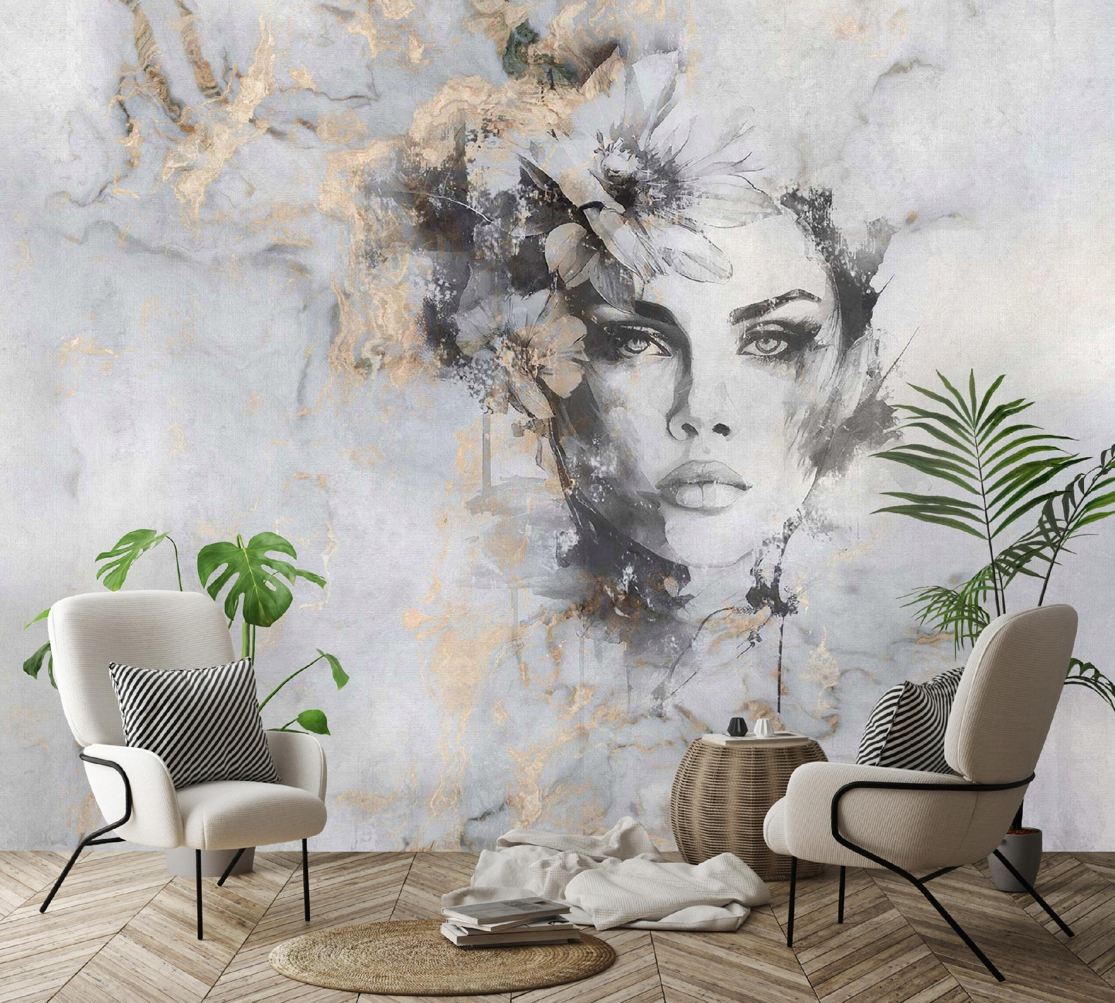 FOTOTAPETE Frau Gesicht Marmor Vliestapete 350x250 - Grau, Papier (350/250cm) - Wallarena