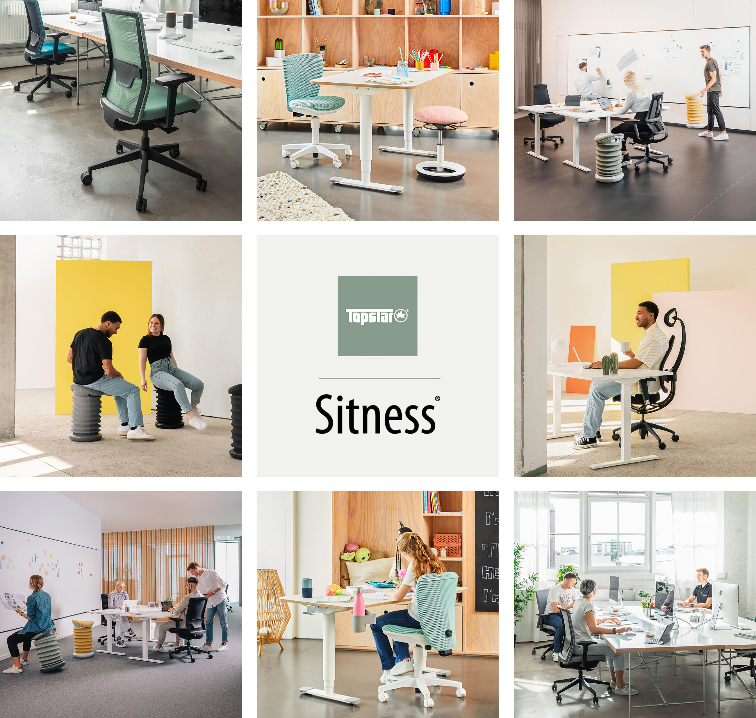 Logo und vier Mood Images mit Personen auf Stühlen der Marke TOPSTAR.