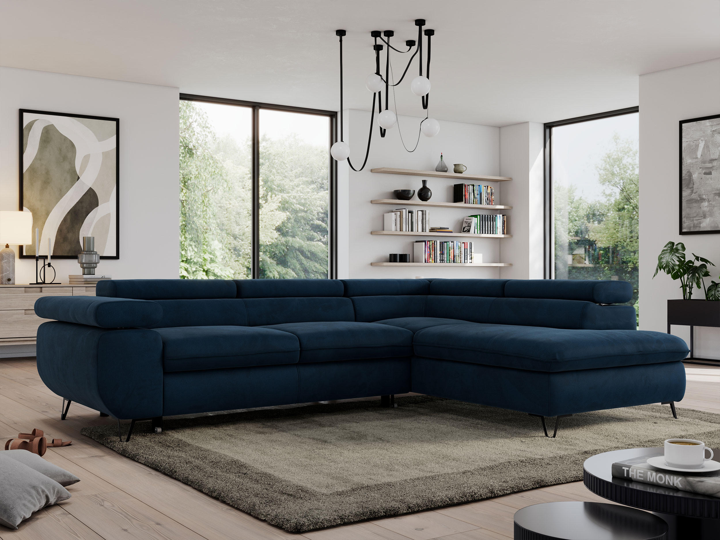 ECKSOFA PEDRO L Dunkelblau Velvet - Rechts Seite - Schwarz/Dunkelblau, Textil/Metall (273/208cm) - MKS
