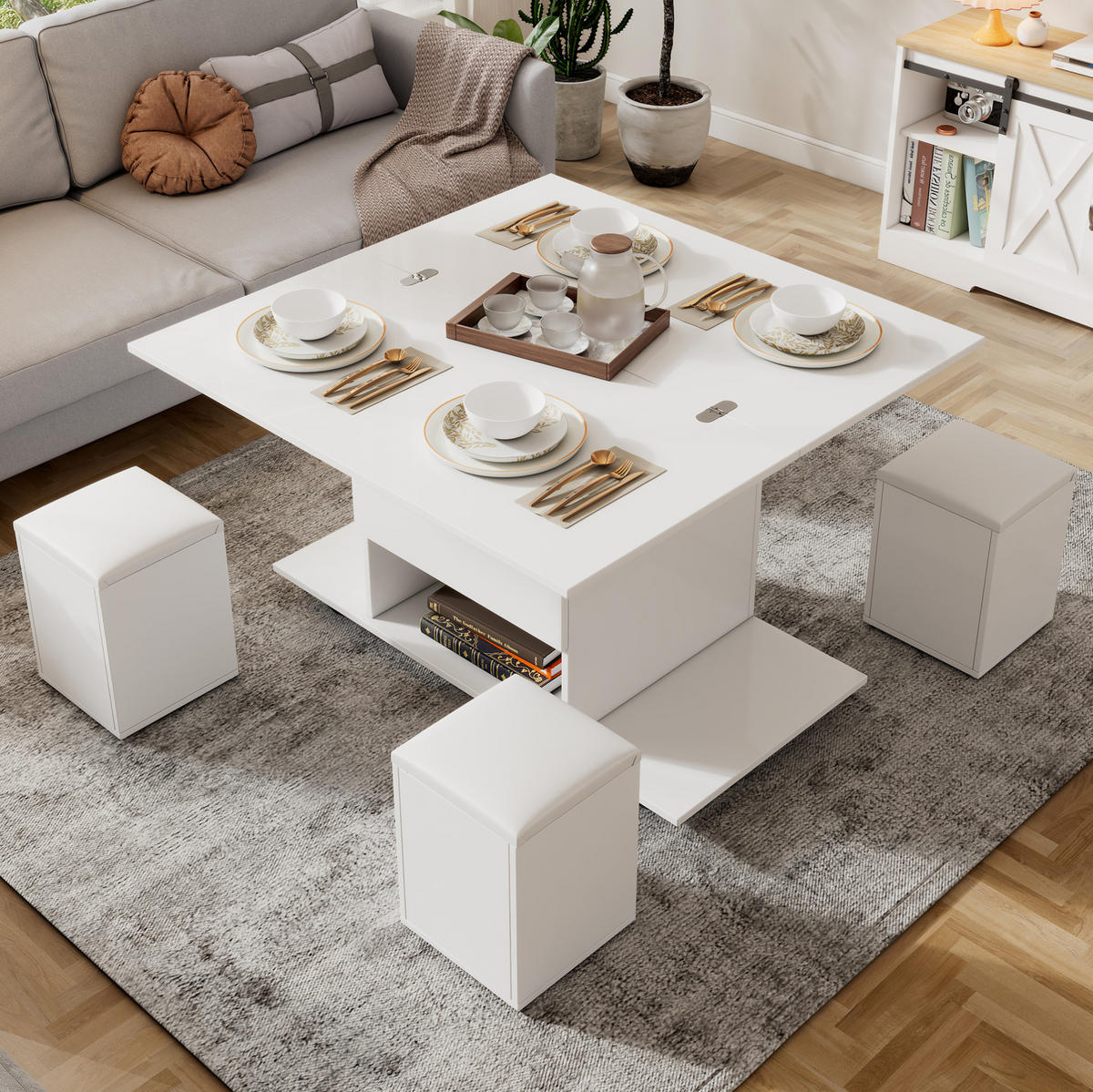 COUCHTISCH höhenverstellbar 100x100 cm Weiß 5-tlg. - Weiß, Holzwerkstoff (100/100/63.5cm) - Meubliv