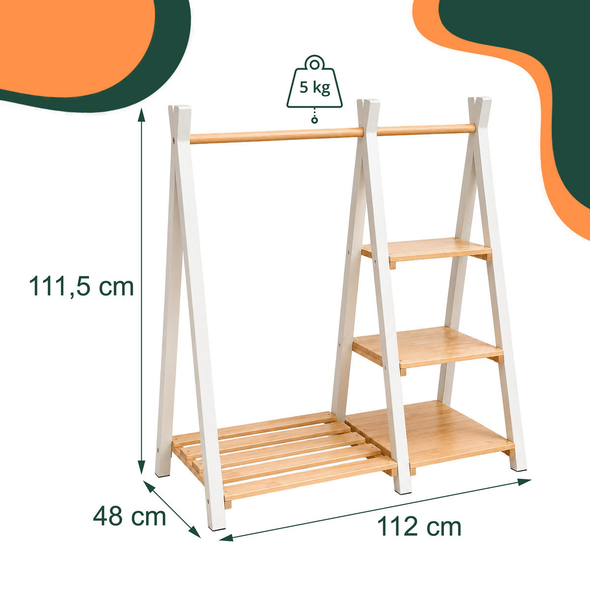 KLEIDERSTÄNDER Natur-Weiß mit Regal Kinder - Hellbraun, Holz (112/111.5/48cm) - Relaxdays