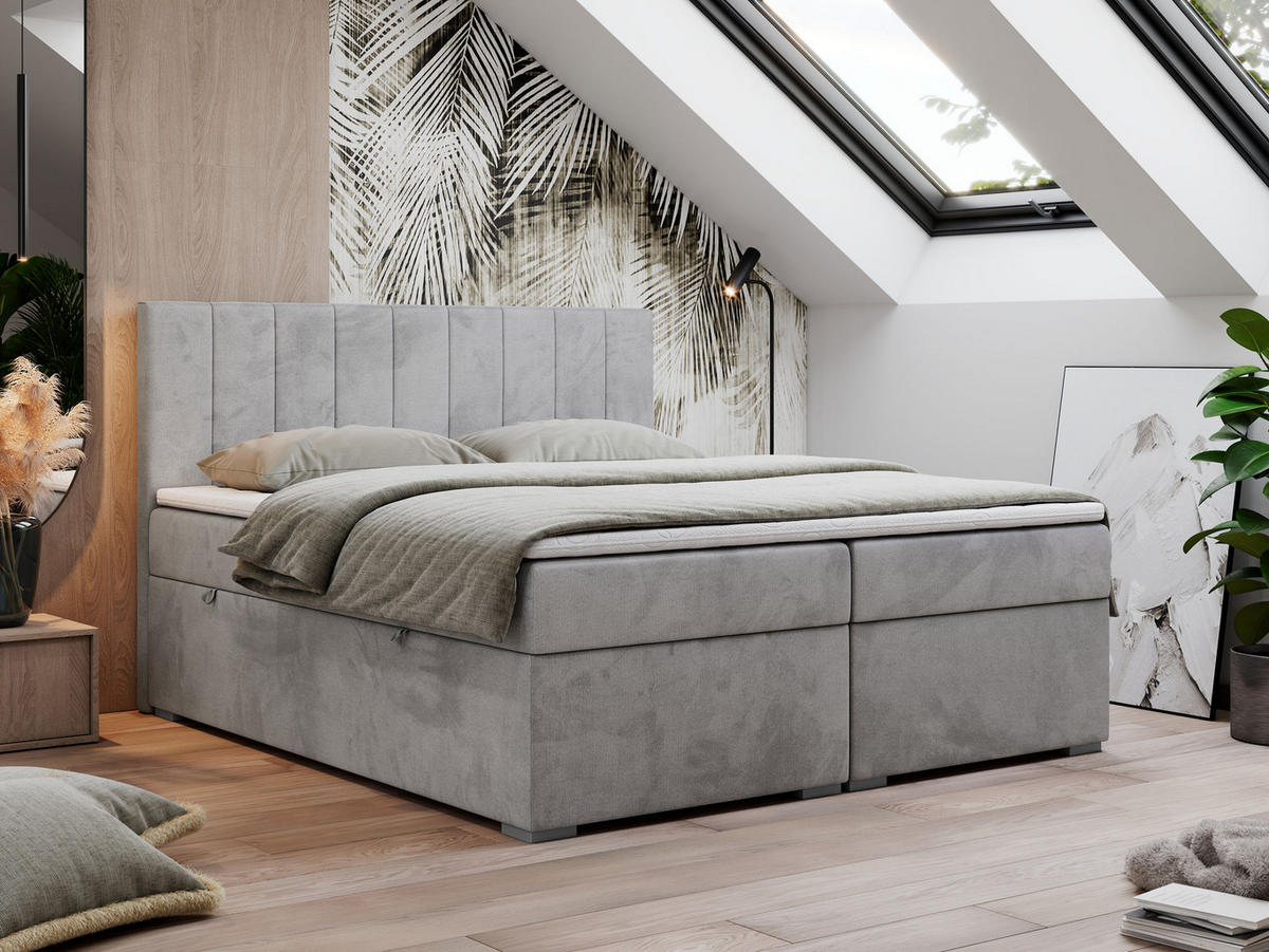 BOXBETT LOPE 180/200 - Hellgrau Velvet - H3 - Hellgrau, Holz/Textil (180/200cm)