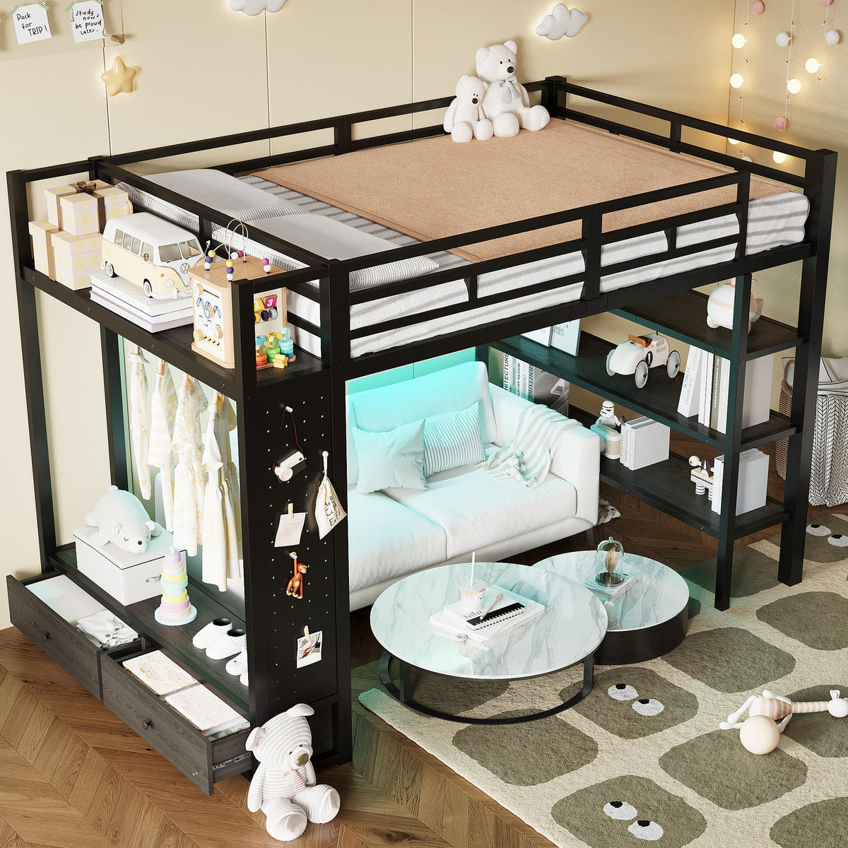 HOCHBETT 140/200 cm in Schwarz mit Kleiderschrank, Schubladen, Lochwand und LED - Schwarz, Holzwerkstoff/Metall (140/200cm) - STILVORA