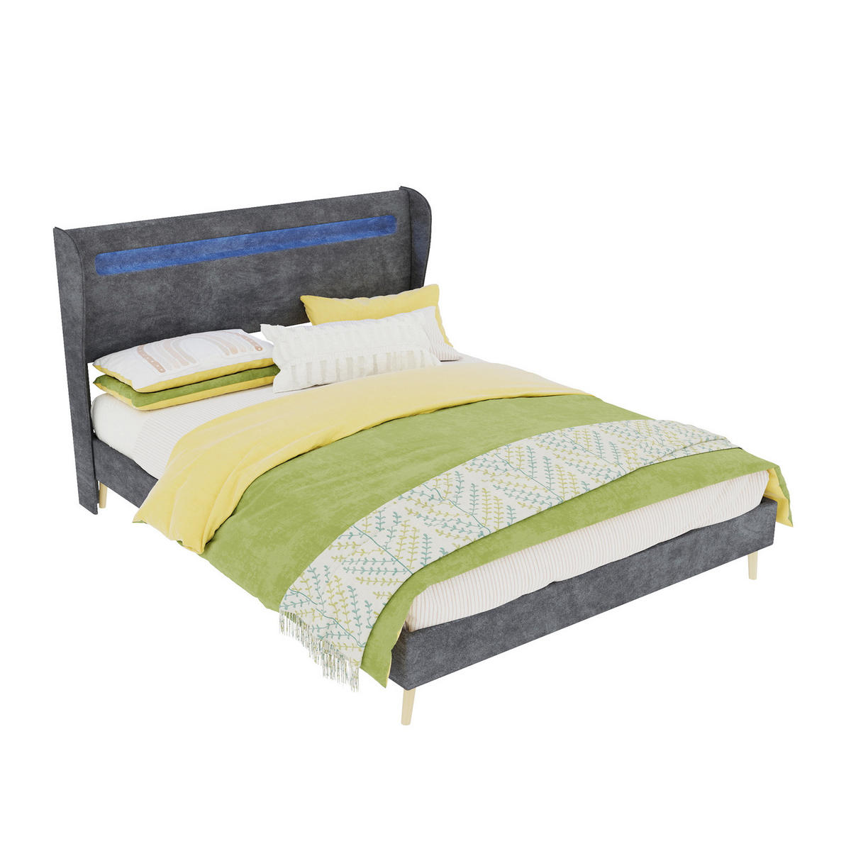 POLSTERBETT 140/200 cm mit LED-Beleuchtung, verstellbarer Rückenlehne und Matratze, Grau - Grau, Textil (140/200cm) - Redom