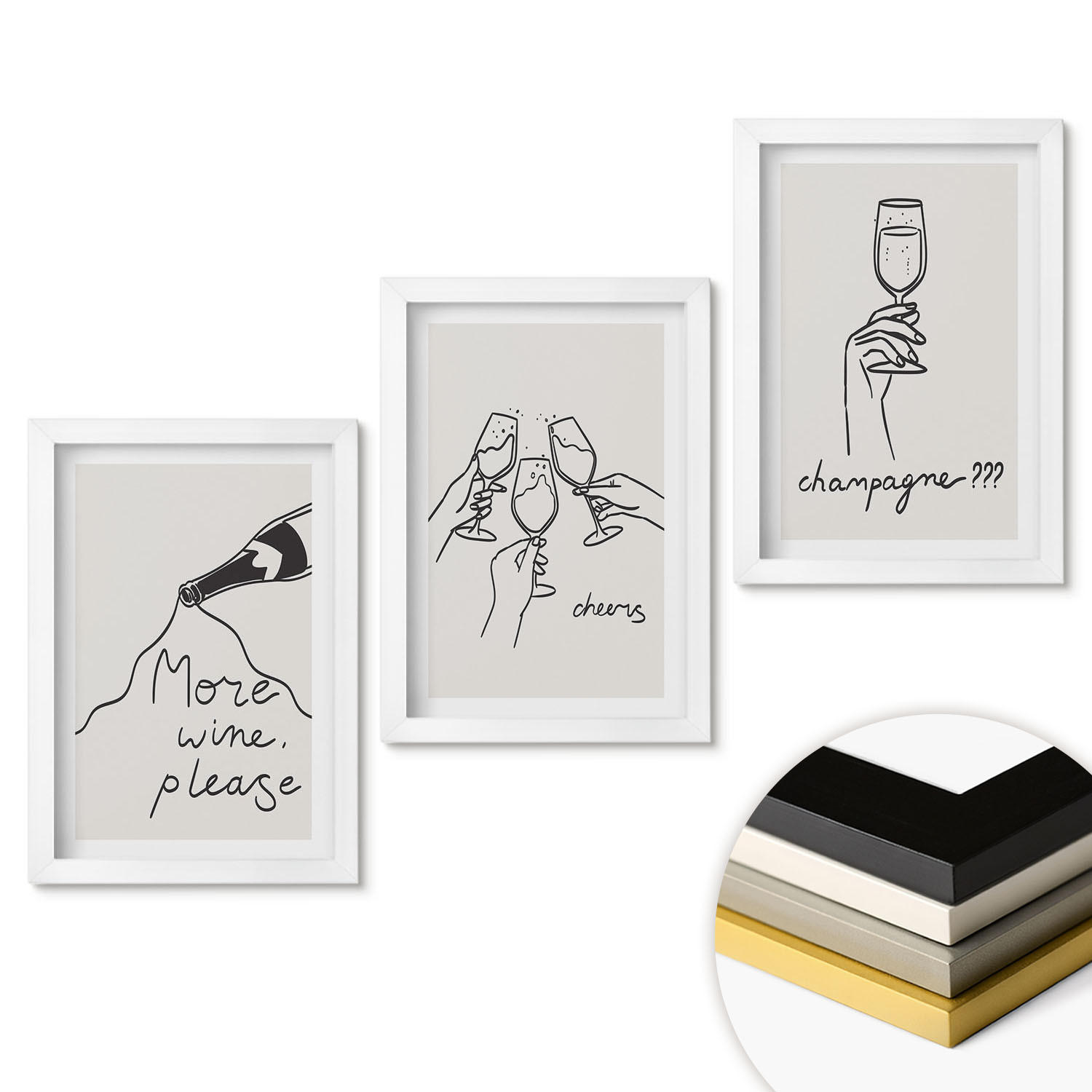 WANDBILDER 3er-Set - 20x30 cm Weißer Rahmen - Champagner-Wein-Linienzeichnung - Weiß, Kunststoff (20/30cm) - ArtPrintCave