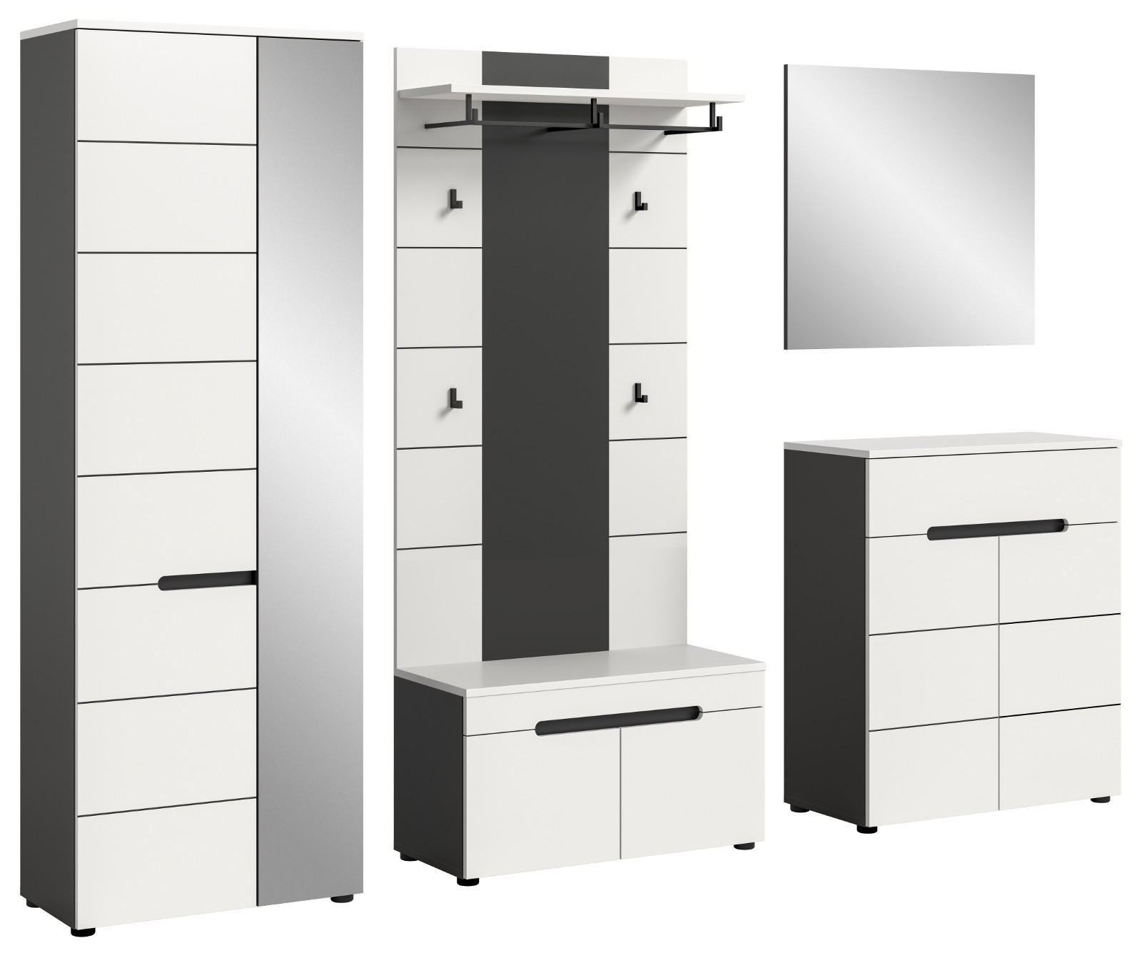 GARDEROBEN-SET 5-teilig in weiß, grau 255 cm, Komplettset mit Soft-Close, Cooper - Schwarz/Weiß, Glas/Holzwerkstoff (255/190/37cm) - Inn.Furn