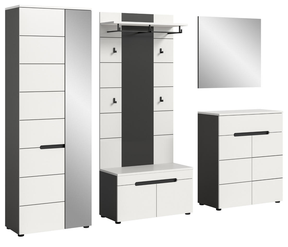 GARDEROBEN-SET 5-teilig in weiß, grau 255 cm, Komplettset mit Soft-Close, Cooper - Schwarz/Weiß, Glas/Holzwerkstoff (255/190/37cm) - Inn.Furn