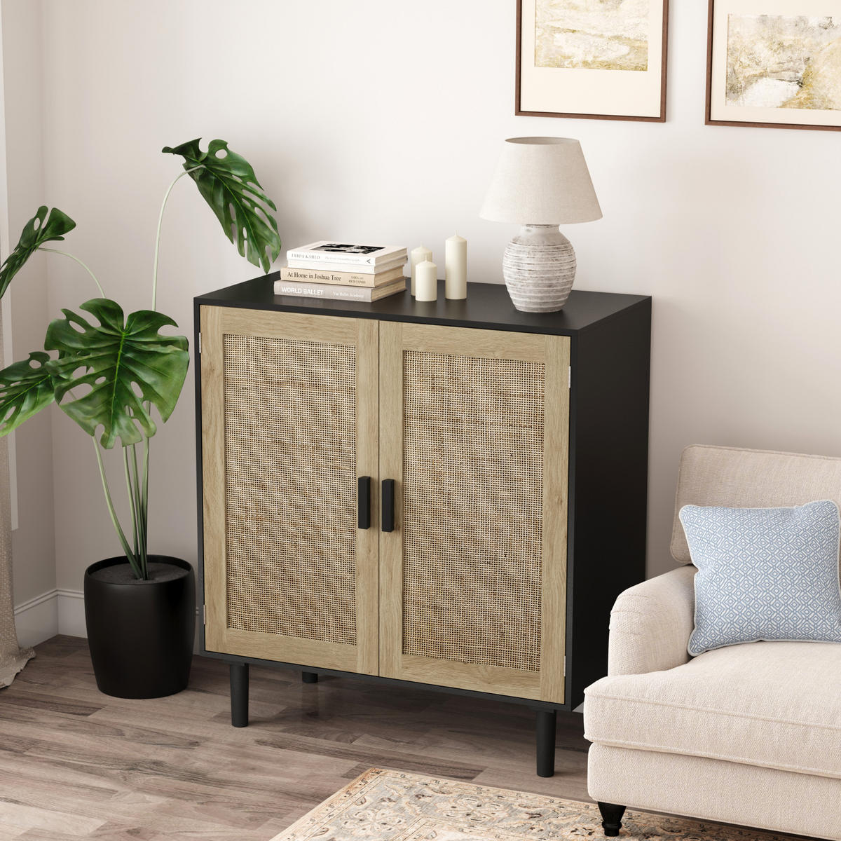 SIDEBOARD 80/40/88 cm schwarz aus MDF mit Rattanfront und offenen Fächern - Schwarz, Holzwerkstoff (80/88/40cm) - OKWISH