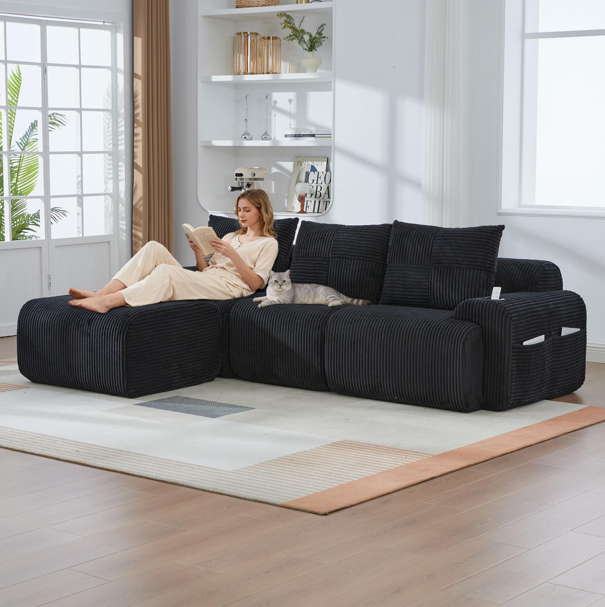 SOFA modular 268 x 174 cm Cord Schwarz mit Cupholder - Schwarz, Kunststoff (174/268cm) - Meubliv