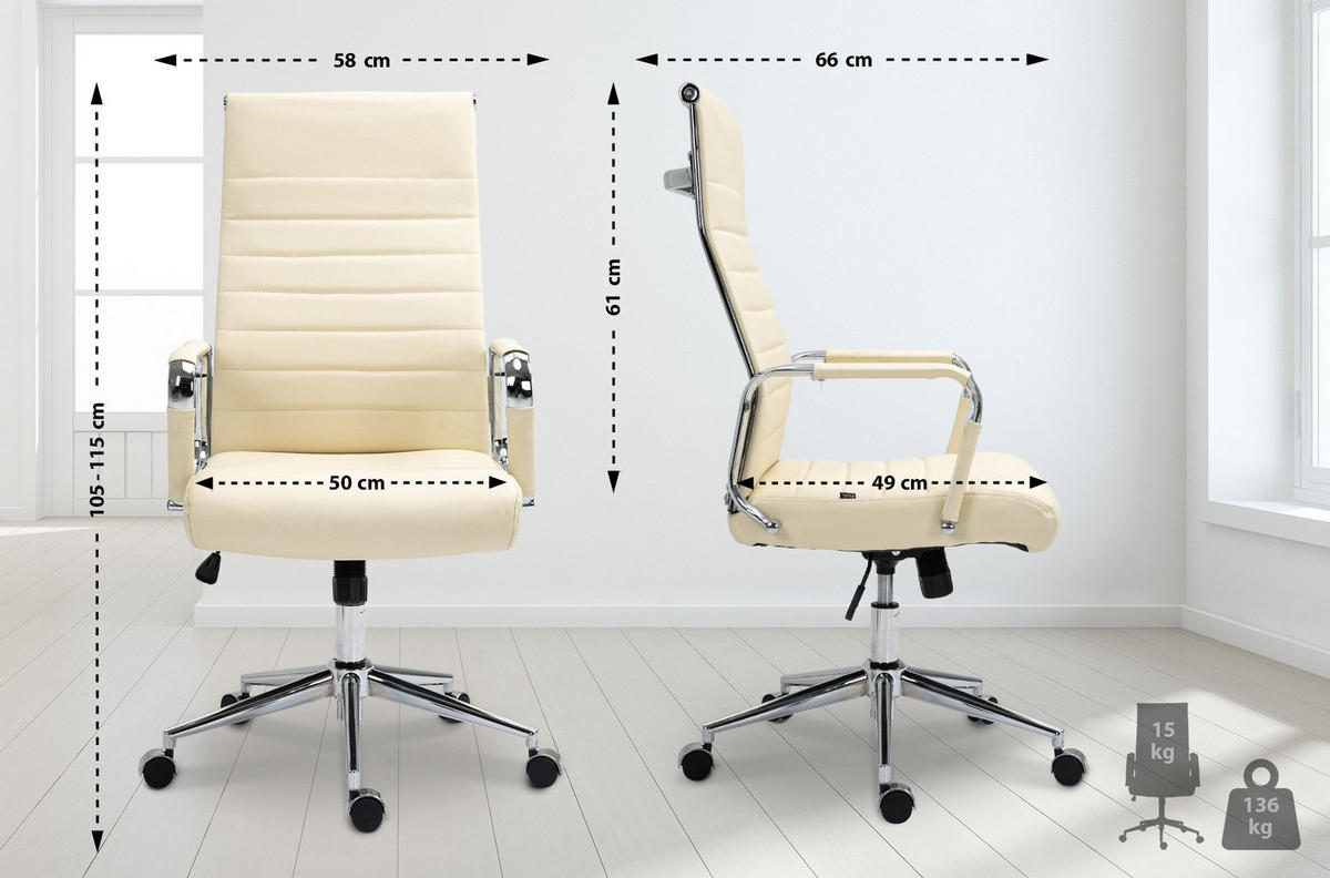 KONTORSSTOL Kolumbus äkta läder - Cremefärgad/Kromfärg, Läder (58/105/66cm) - CLP