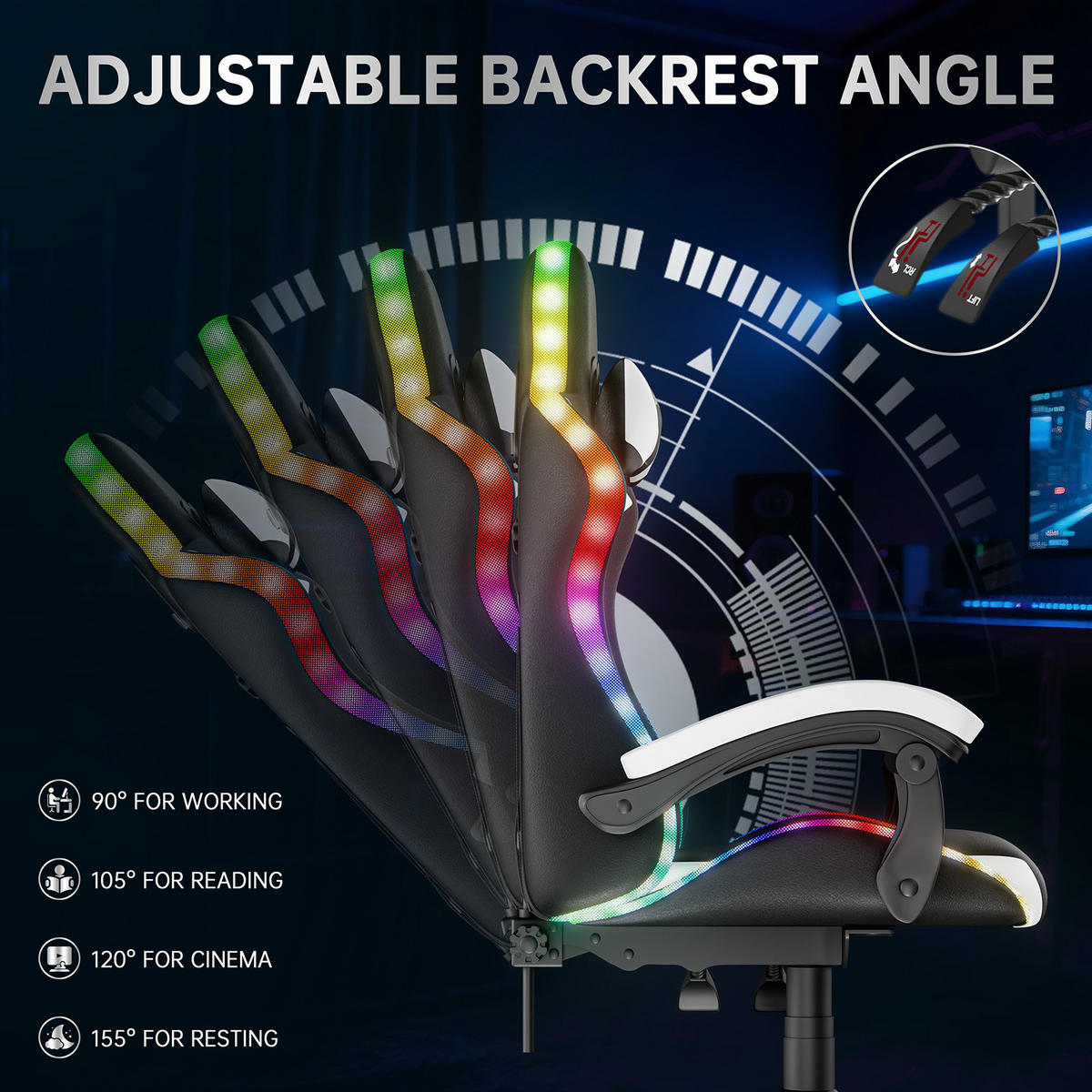 GAMINGSTUHL Schwarz-Weiß Racing Ergonomisch mit LED-Licht - Weiß, Leder (29/59/79cm) - Rattrix