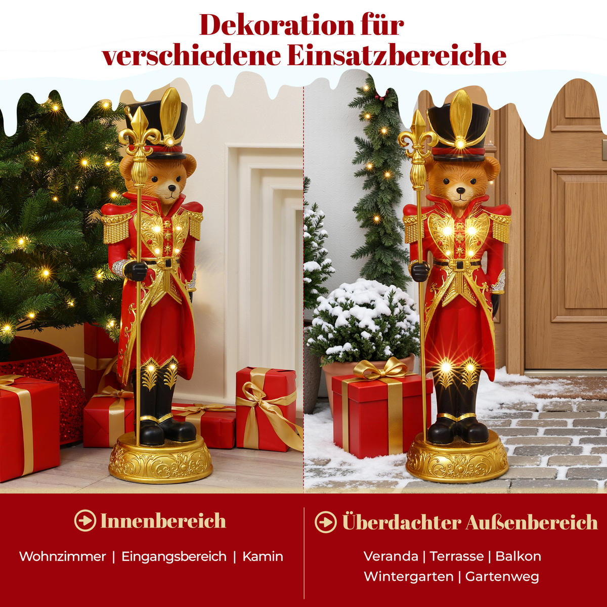 HOMETOPIA Nussknacker Bär Figur 91,5 cm, Weihnachtsdeko mit LED & Timer - Dunkelrot, Naturmaterialien (25/91/27.5cm) - Hometopia