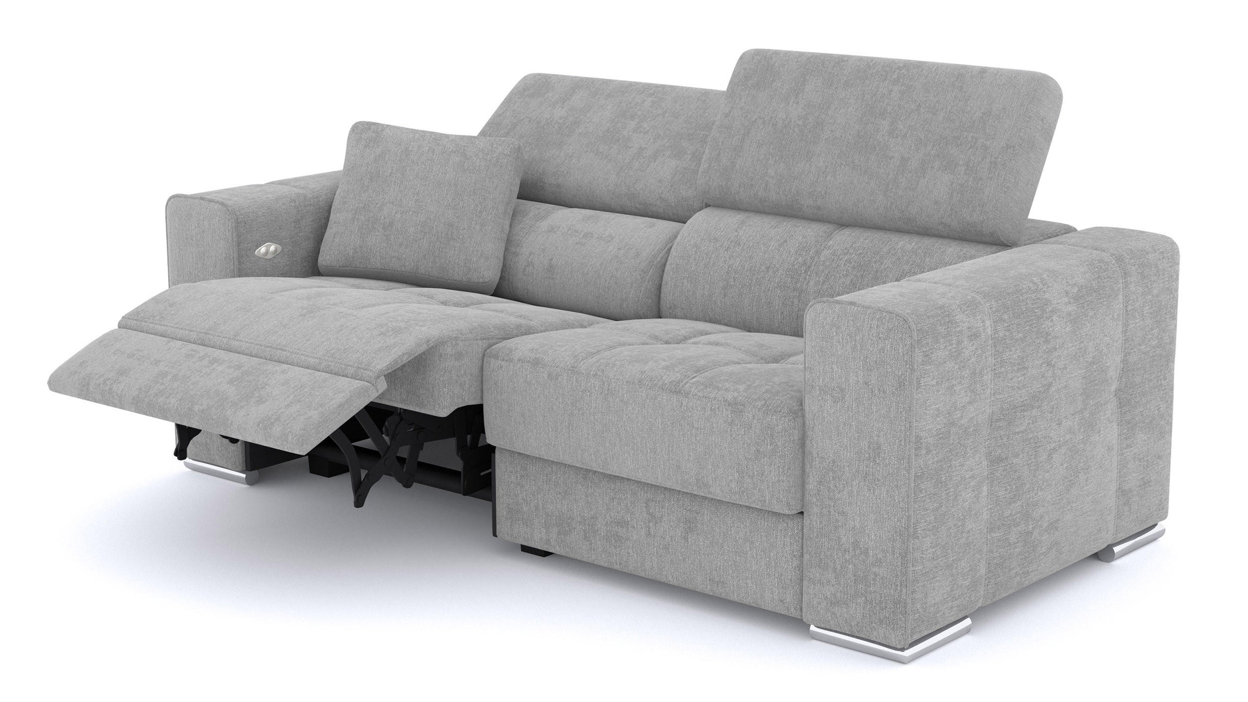 SOFA QUARTZ 3-Sitzer mit 1 Relaxfunktion, hellgrau - Silberfarben/Hellgrau, Holzwerkstoff/Textil (204/80/102cm) - Courtois Laville