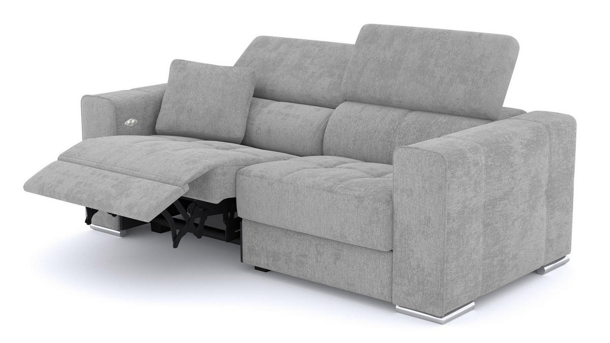SOFA QUARTZ 3-Sitzer mit 1 Relaxfunktion, hellgrau - Silberfarben/Hellgrau, Holzwerkstoff/Textil (204/80/102cm) - Courtois Laville
