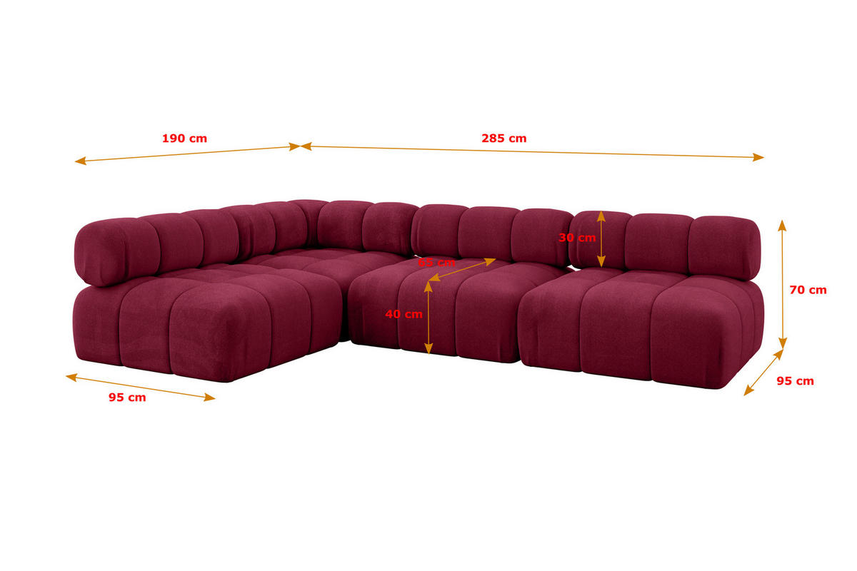 ECKSOFA modulares Sofa Samaro-L2 - 285x190x70 cm Bordeauxrot Velours - Bordeaux, Holzwerkstoff/Textil (285/190cm) - ALTDECOR