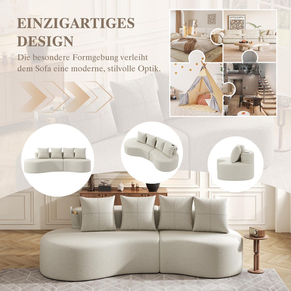3-SITZER SOFA leinenstoff farbwahl mit getränkehalter & seitentaschen - Beige, Textil (240/63/109cm) - Urban Meuble