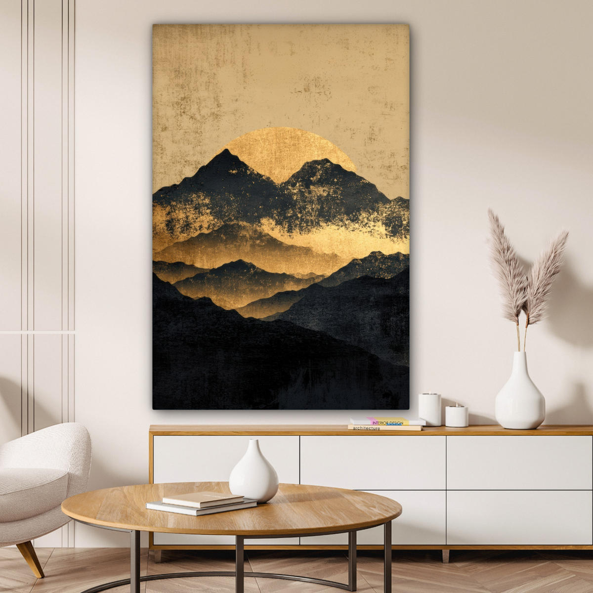 LEINWANDBILD Goldene Berge bei Mondschein Deko Groß 90x140 cm - Goldfarben, Textil (90/140cm) - MuchoWow