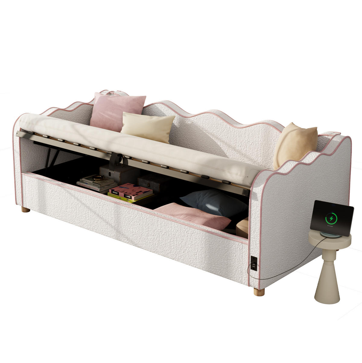 KINDERBETT 90/200 cm mit hydraulischem Stauraum, USB- und Type-C-Anschluss, Bouclé-Bezug, Beige - Beige, Textil (90/200cm) - Redom