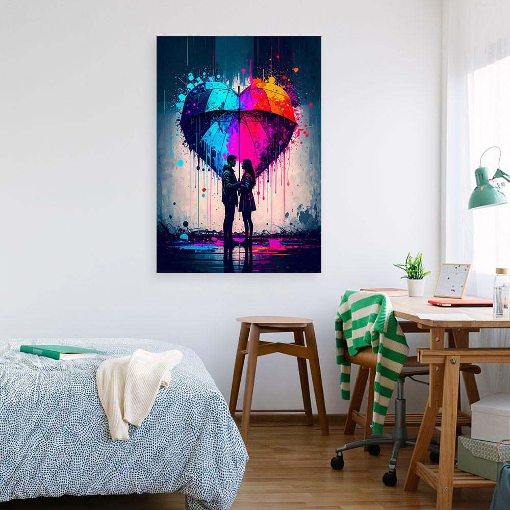 LEINWANDBILD Paar Liebe Herz Regenschirm 60x90cm - Multicolor, Textil (60/90cm) - Feeby