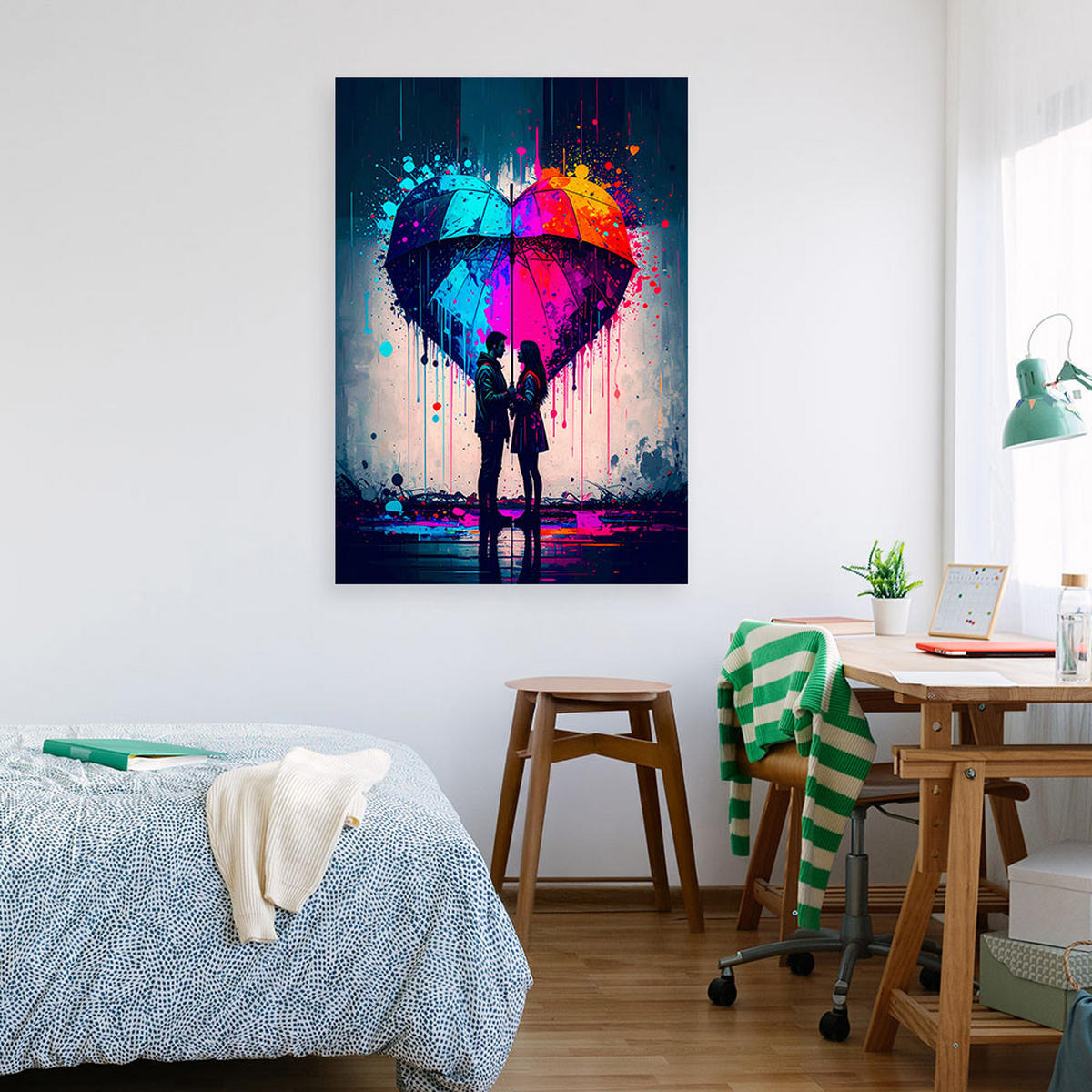 LEINWANDBILD Paar Liebe Herz Regenschirm 80x120cm - Multicolor, Textil (80/120cm) - Feeby