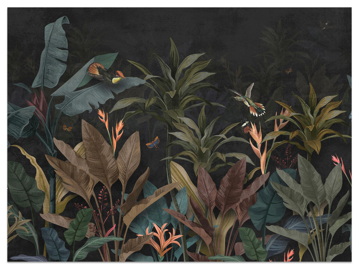 FOTOTAPETA Exotické Palmové Listy Tmavé Pozadie Hmyz Tropická 450 x 315 cm - oranžová/hnedá, papier (450/315cm) - Muralo