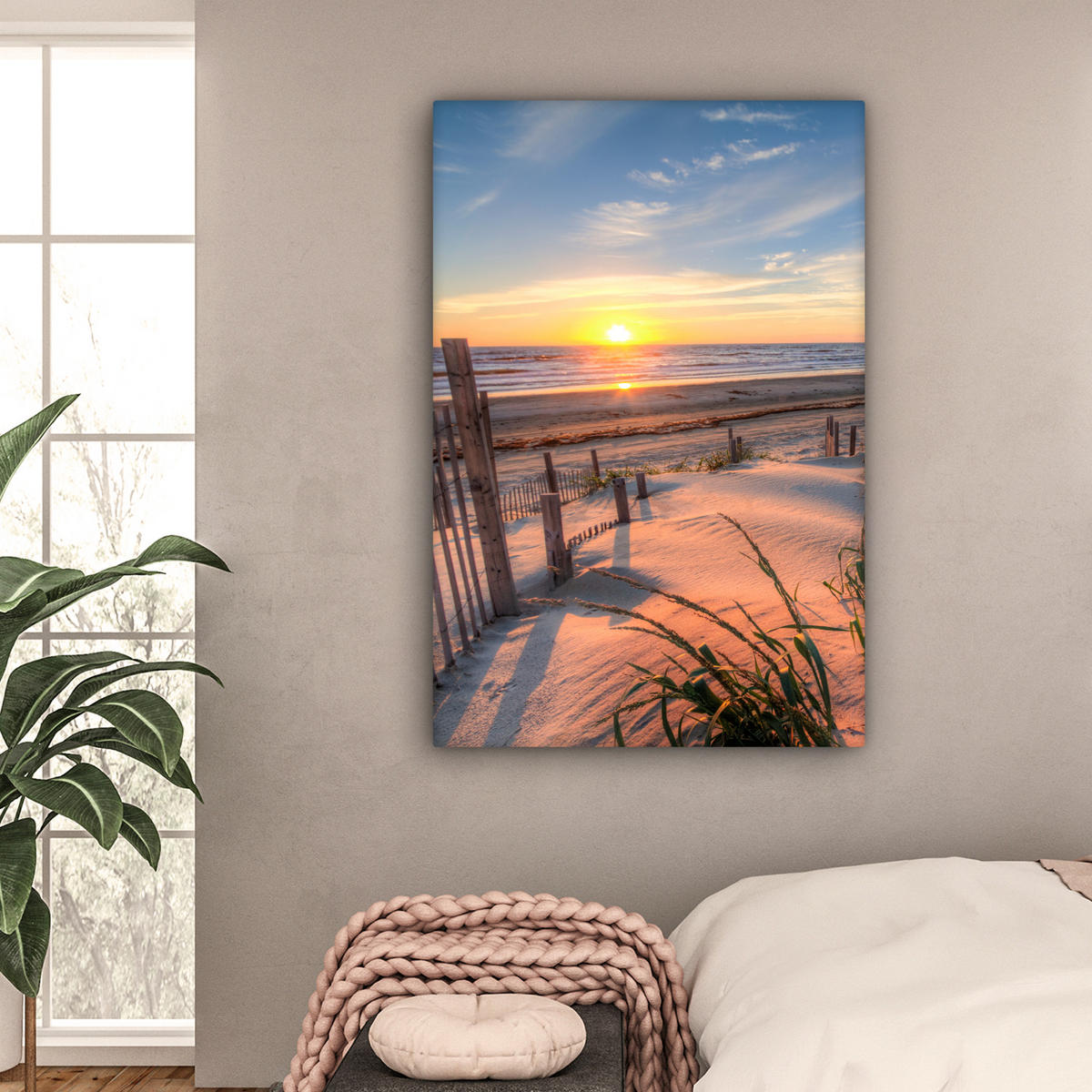 LEINWANDBILD Strand - Meer - Düne - Sonnenuntergang - Landschaft 90x140 cm - Beige, Textil (90/140cm) - MuchoWow
