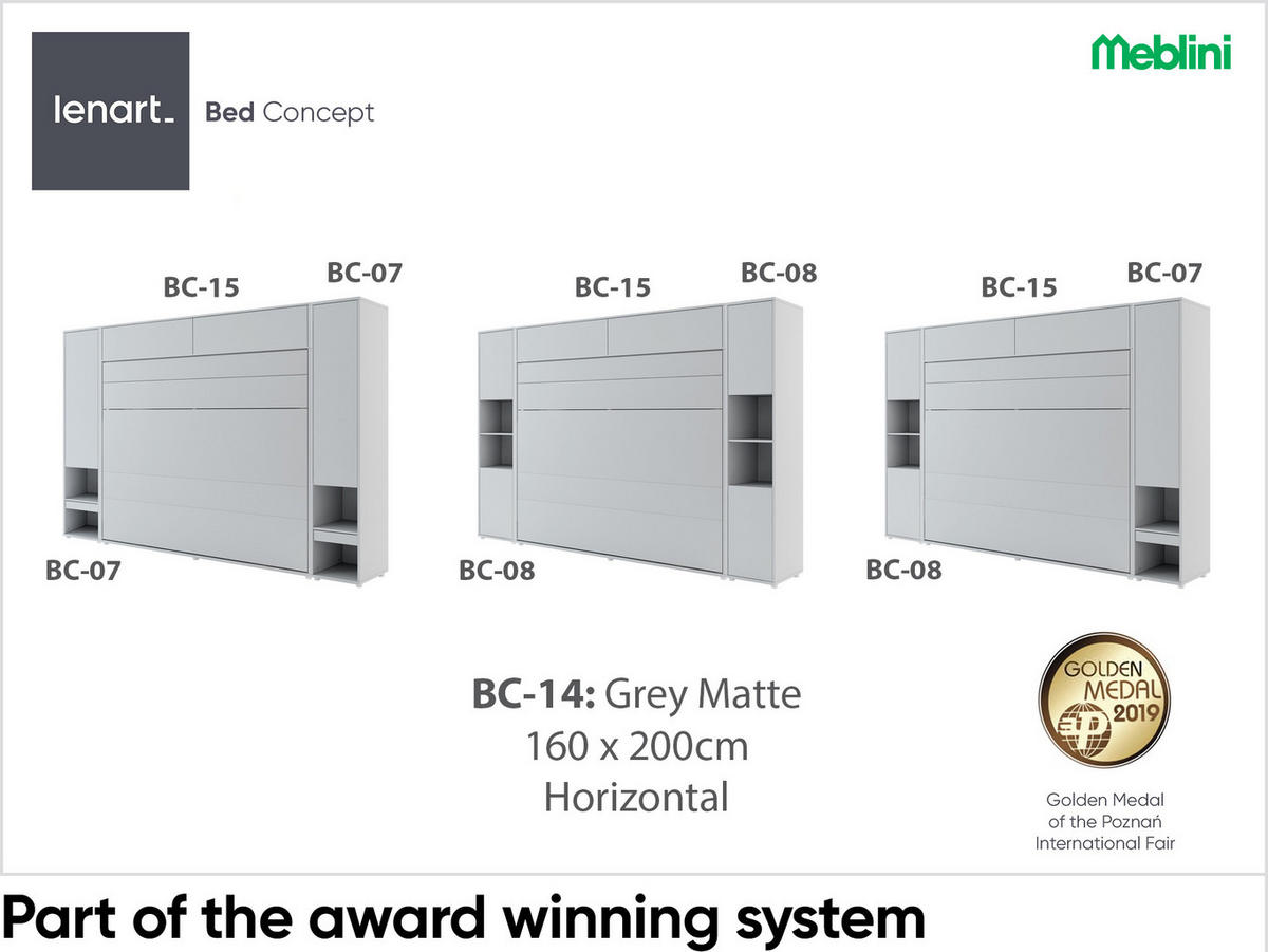 SCHRANKBETT BC-14 - 160x200cm Horizontal - Grau Matt mit Matratze - Grau, Holzwerkstoff (200/160cm) - Meblini